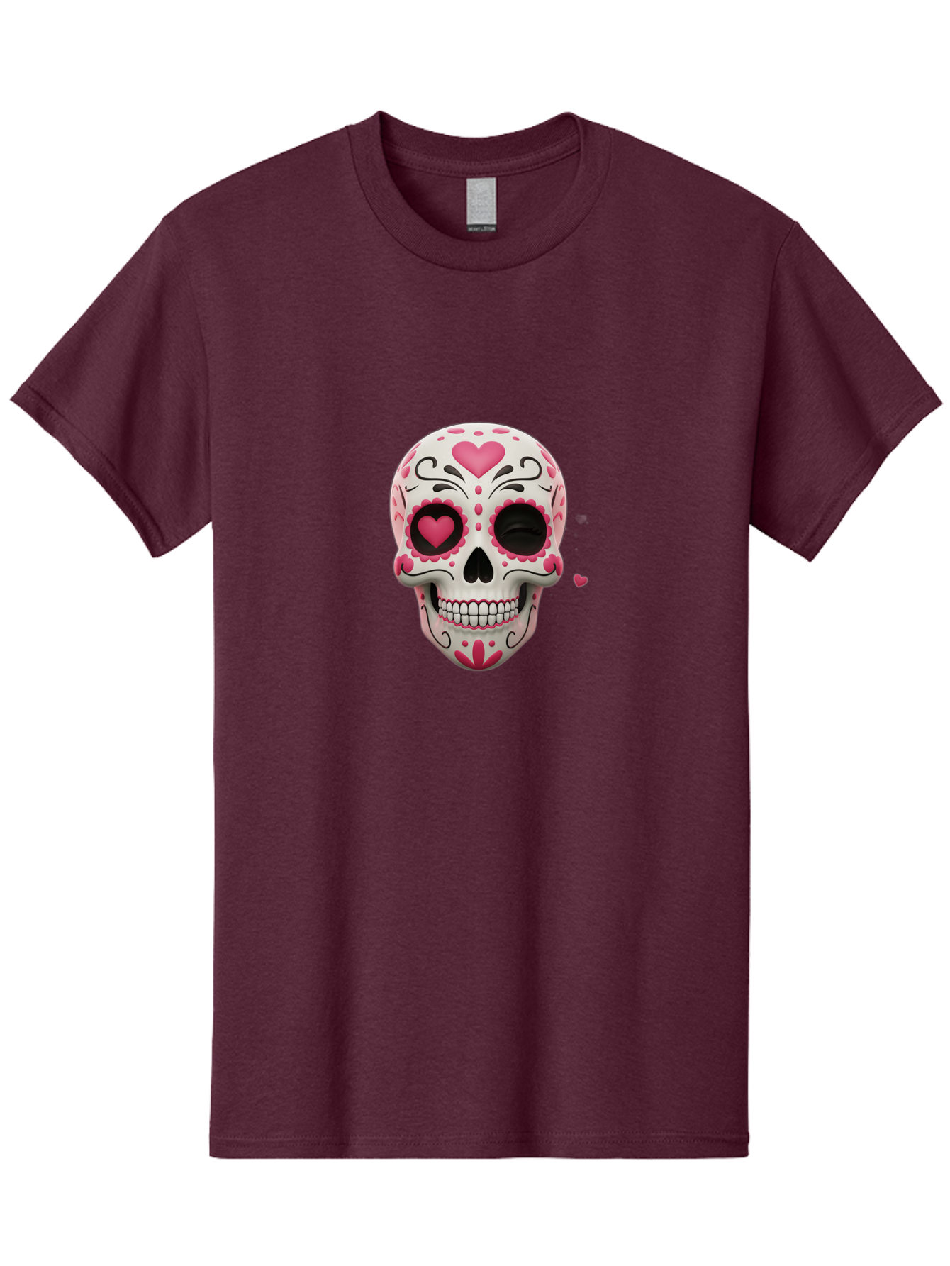 Sugar-Skull-Heart-Eyes Men'S Graphic Tee, 100% Cotton, Comfortable Casual Summer Wear, Machine Washable, Sugar Skull, Day Of The Dead, Pink Hearts, Floral Patterns, Black Swirls, Vibrant Colors, Festive Design, Intricate Details, Bad785