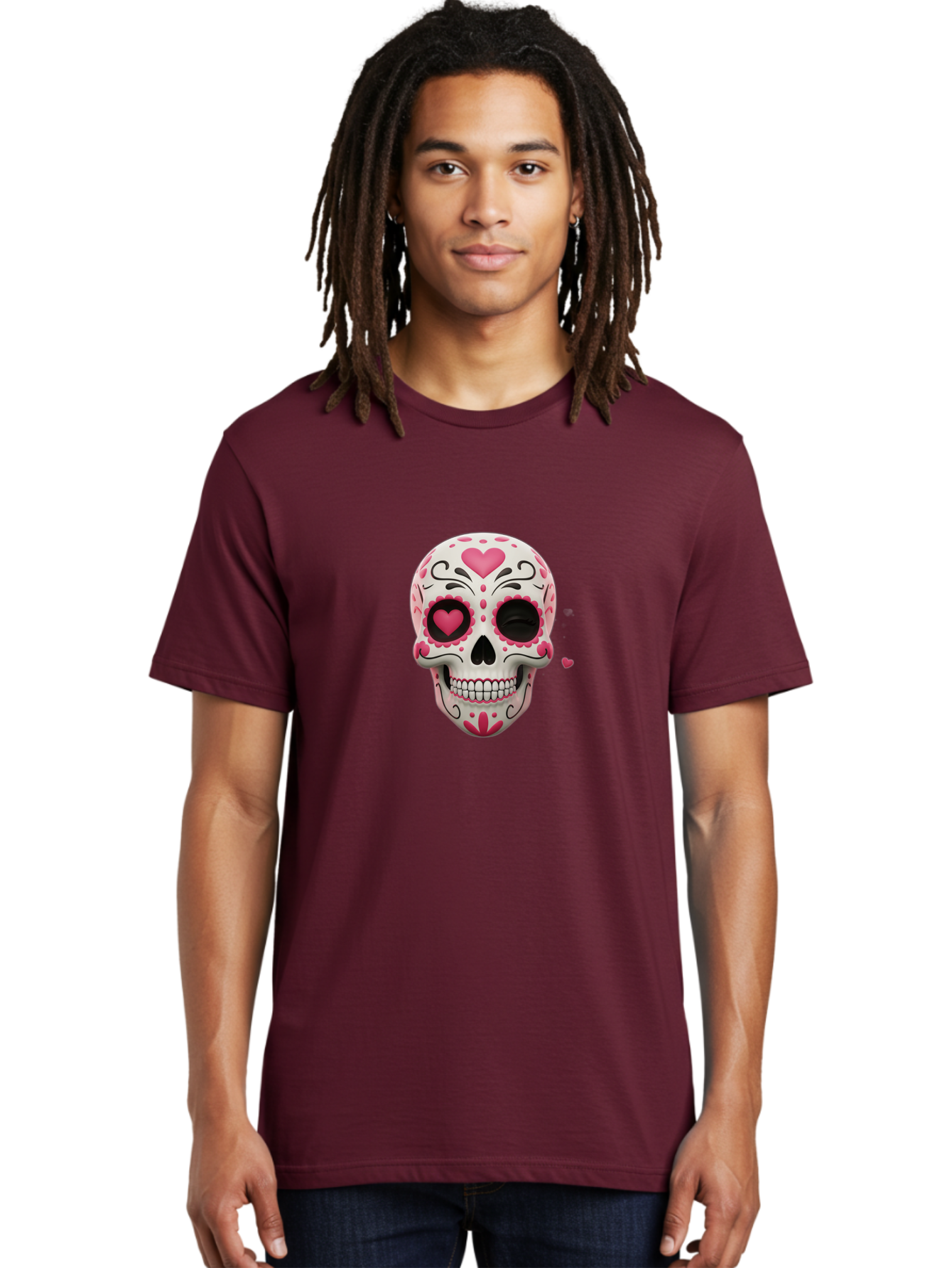Sugar-Skull-Heart-Eyes Men'S Graphic Tee, 100% Cotton, Comfortable Casual Summer Wear, Machine Washable, Sugar Skull, Day Of The Dead, Pink Hearts, Floral Patterns, Black Swirls, Vibrant Colors, Festive Design, Intricate Details, Bad785