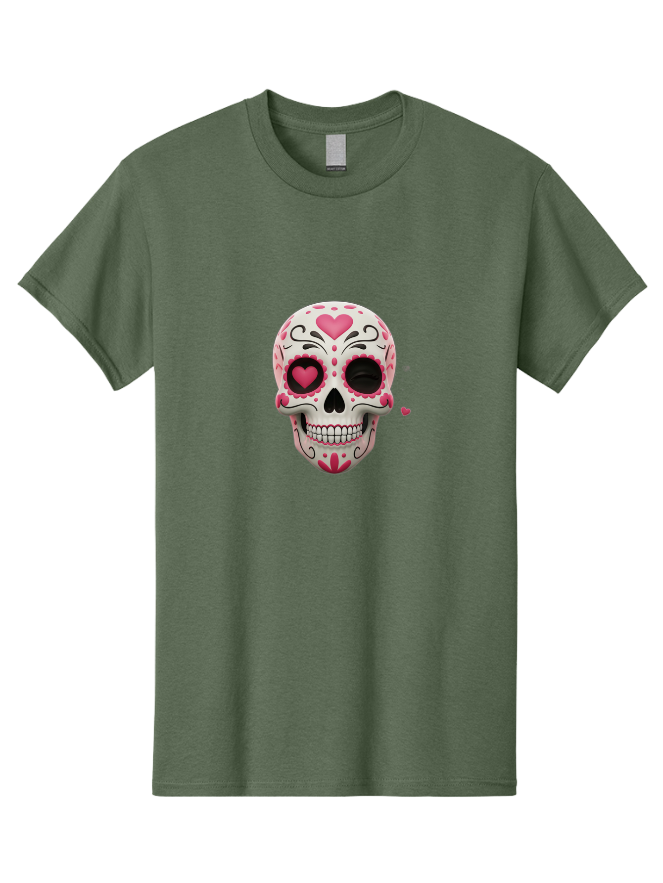 Sugar-Skull-Heart-Eyes Men'S Graphic Tee, 100% Cotton, Comfortable Casual Summer Wear, Machine Washable, Sugar Skull, Day Of The Dead, Pink Hearts, Floral Patterns, Black Swirls, Vibrant Colors, Festive Design, Intricate Details, Bad785