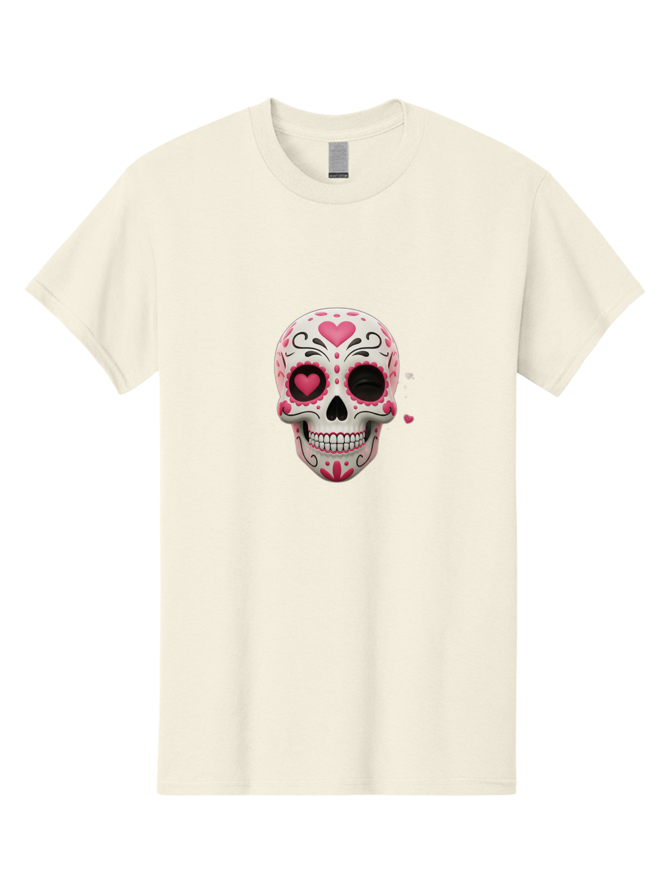 Sugar-Skull-Heart-Eyes Men'S Graphic Tee, 100% Cotton, Comfortable Casual Summer Wear, Machine Washable, Sugar Skull, Day Of The Dead, Pink Hearts, Floral Patterns, Black Swirls, Vibrant Colors, Festive Design, Intricate Details, Bad785
