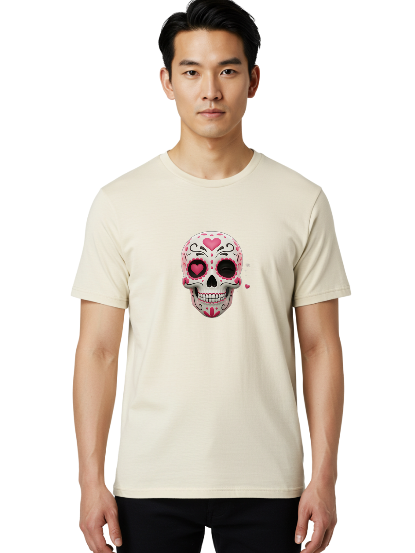 Sugar-Skull-Heart-Eyes Men'S Graphic Tee, 100% Cotton, Comfortable Casual Summer Wear, Machine Washable, Sugar Skull, Day Of The Dead, Pink Hearts, Floral Patterns, Black Swirls, Vibrant Colors, Festive Design, Intricate Details, Bad785