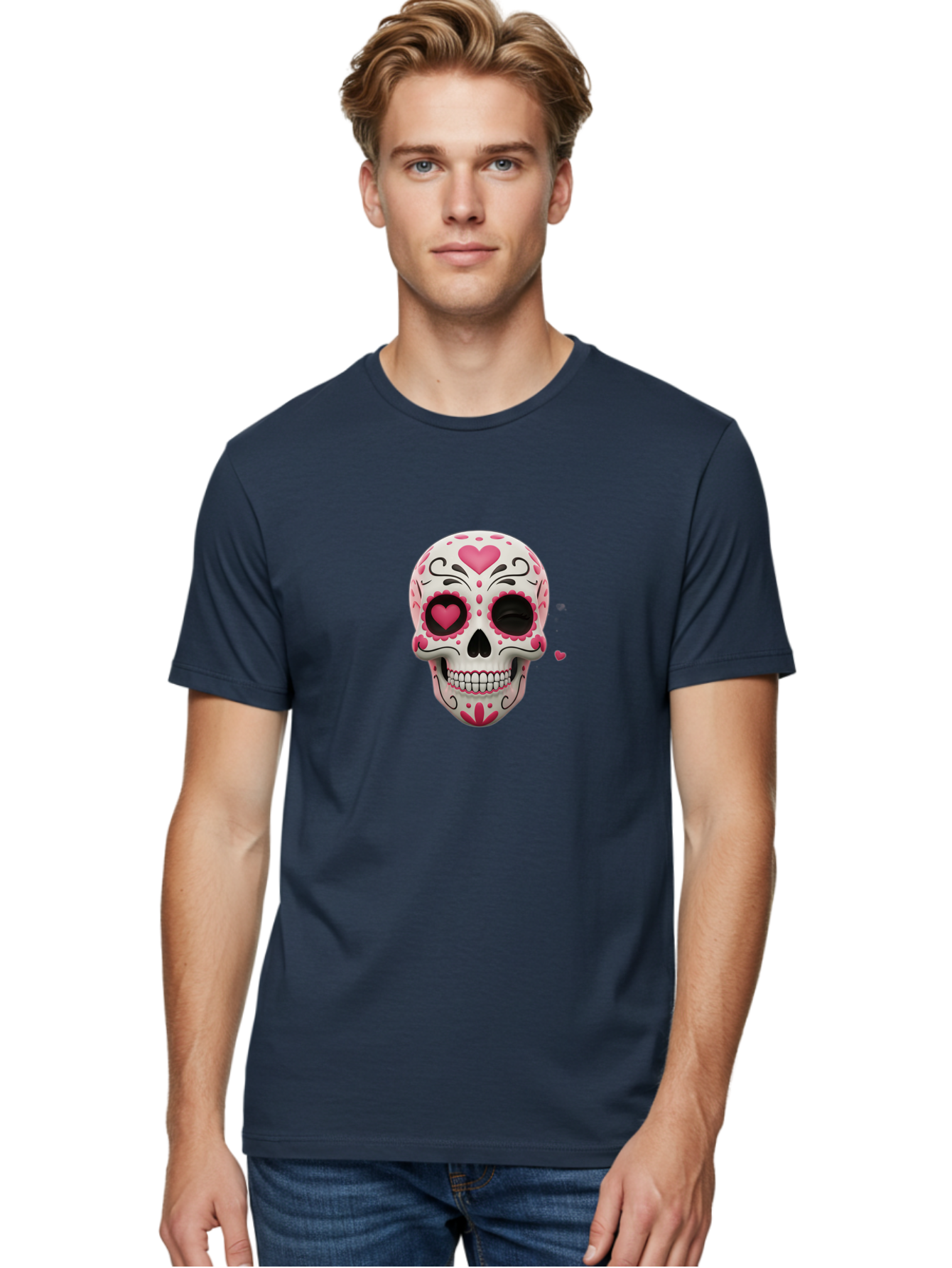Sugar-Skull-Heart-Eyes Men'S Graphic Tee, 100% Cotton, Comfortable Casual Summer Wear, Machine Washable, Sugar Skull, Day Of The Dead, Pink Hearts, Floral Patterns, Black Swirls, Vibrant Colors, Festive Design, Intricate Details, Bad785