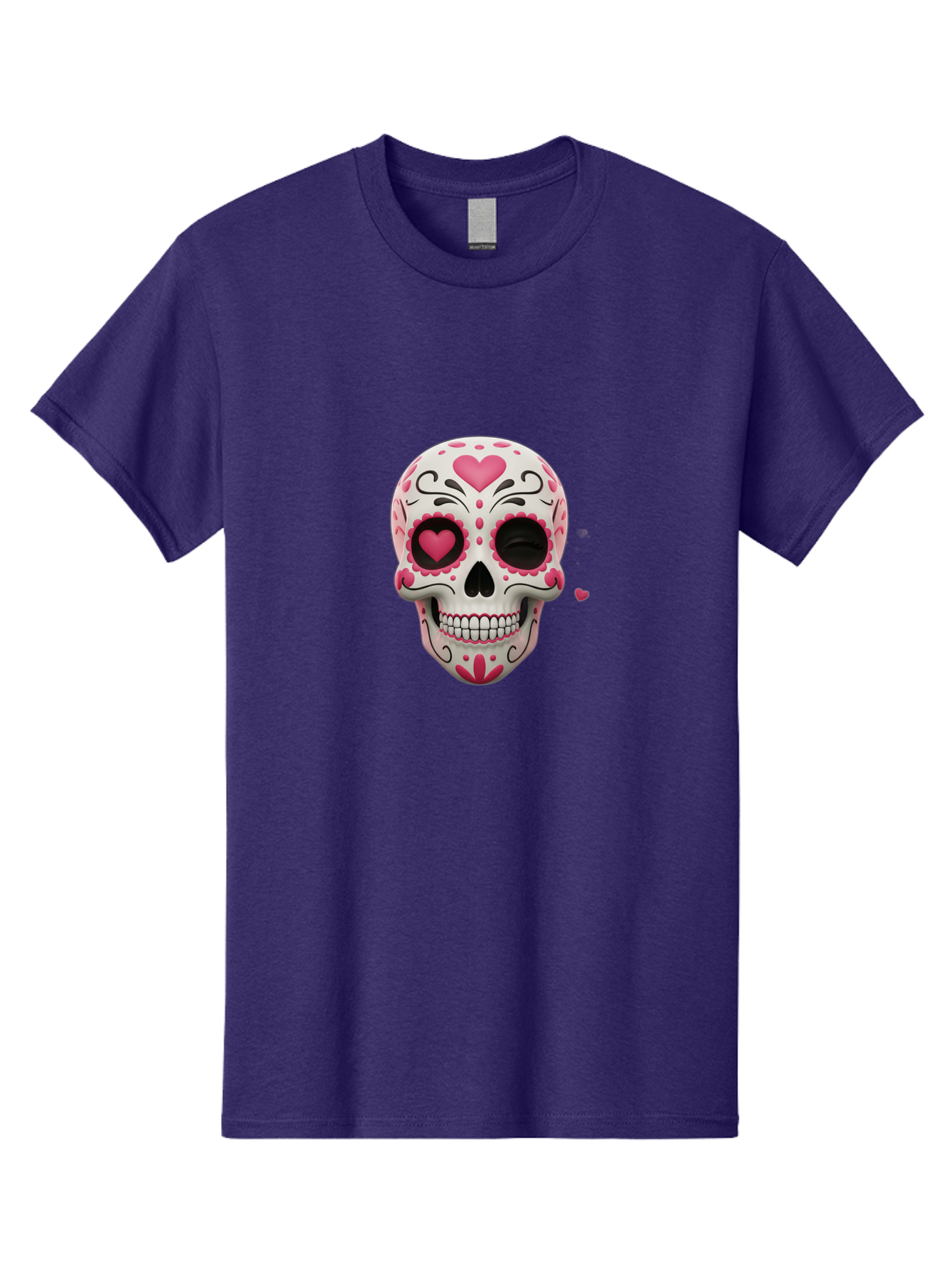 Sugar-Skull-Heart-Eyes Men'S Graphic Tee, 100% Cotton, Comfortable Casual Summer Wear, Machine Washable, Sugar Skull, Day Of The Dead, Pink Hearts, Floral Patterns, Black Swirls, Vibrant Colors, Festive Design, Intricate Details, Bad785