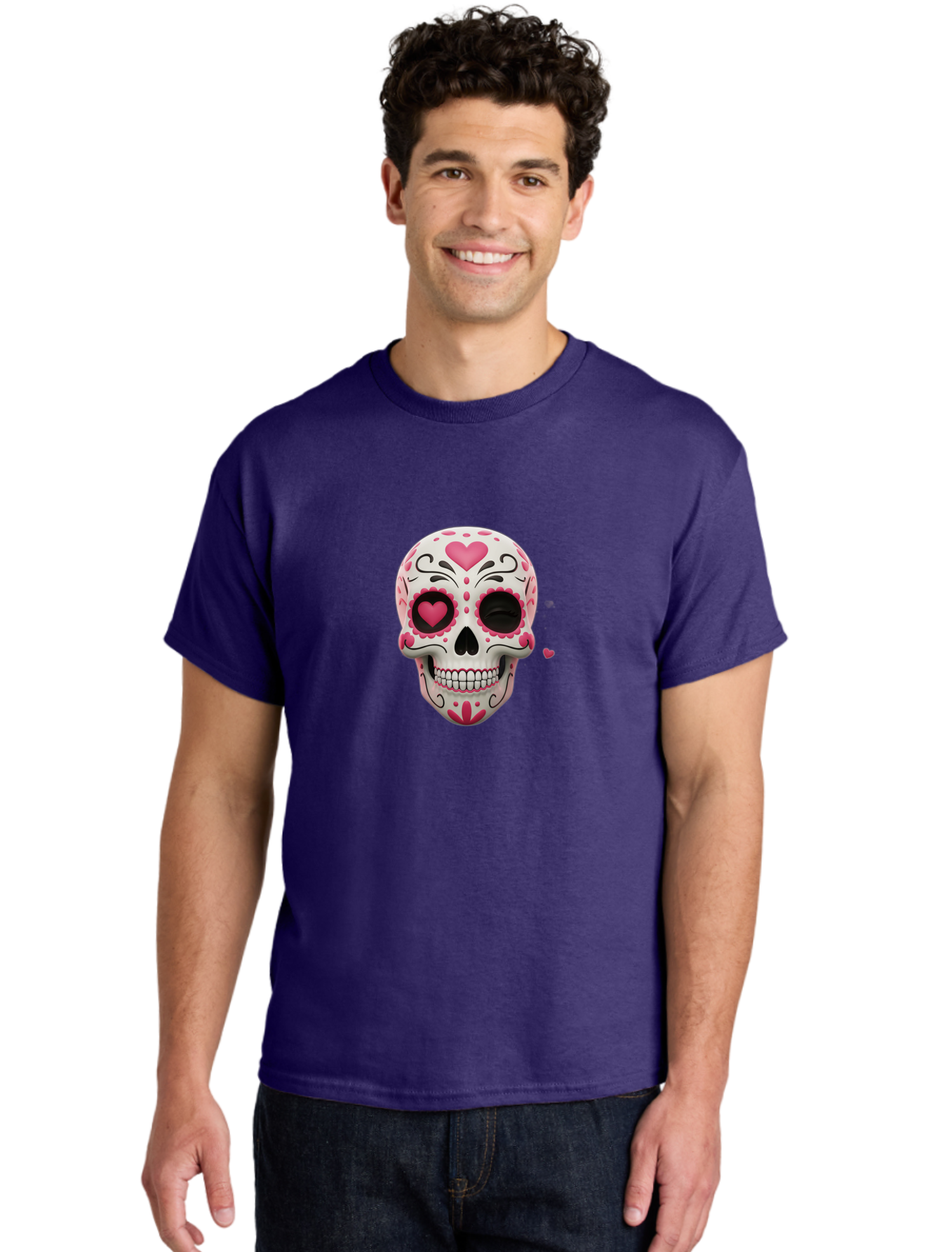 Sugar-Skull-Heart-Eyes Men'S Graphic Tee, 100% Cotton, Comfortable Casual Summer Wear, Machine Washable, Sugar Skull, Day Of The Dead, Pink Hearts, Floral Patterns, Black Swirls, Vibrant Colors, Festive Design, Intricate Details, Bad785