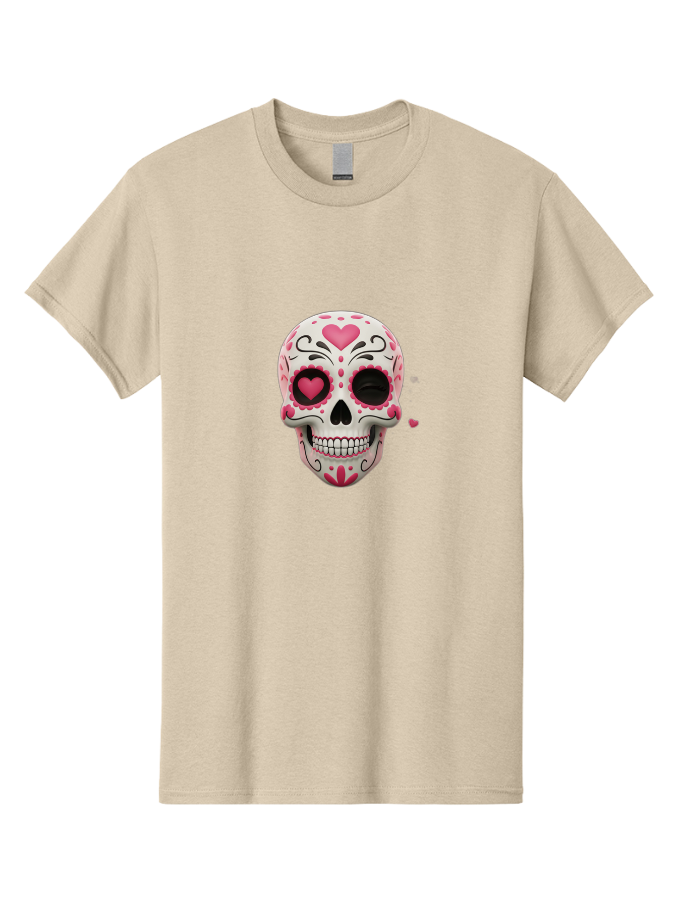 Sugar-Skull-Heart-Eyes Men'S Graphic Tee, 100% Cotton, Comfortable Casual Summer Wear, Machine Washable, Sugar Skull, Day Of The Dead, Pink Hearts, Floral Patterns, Black Swirls, Vibrant Colors, Festive Design, Intricate Details, Bad785