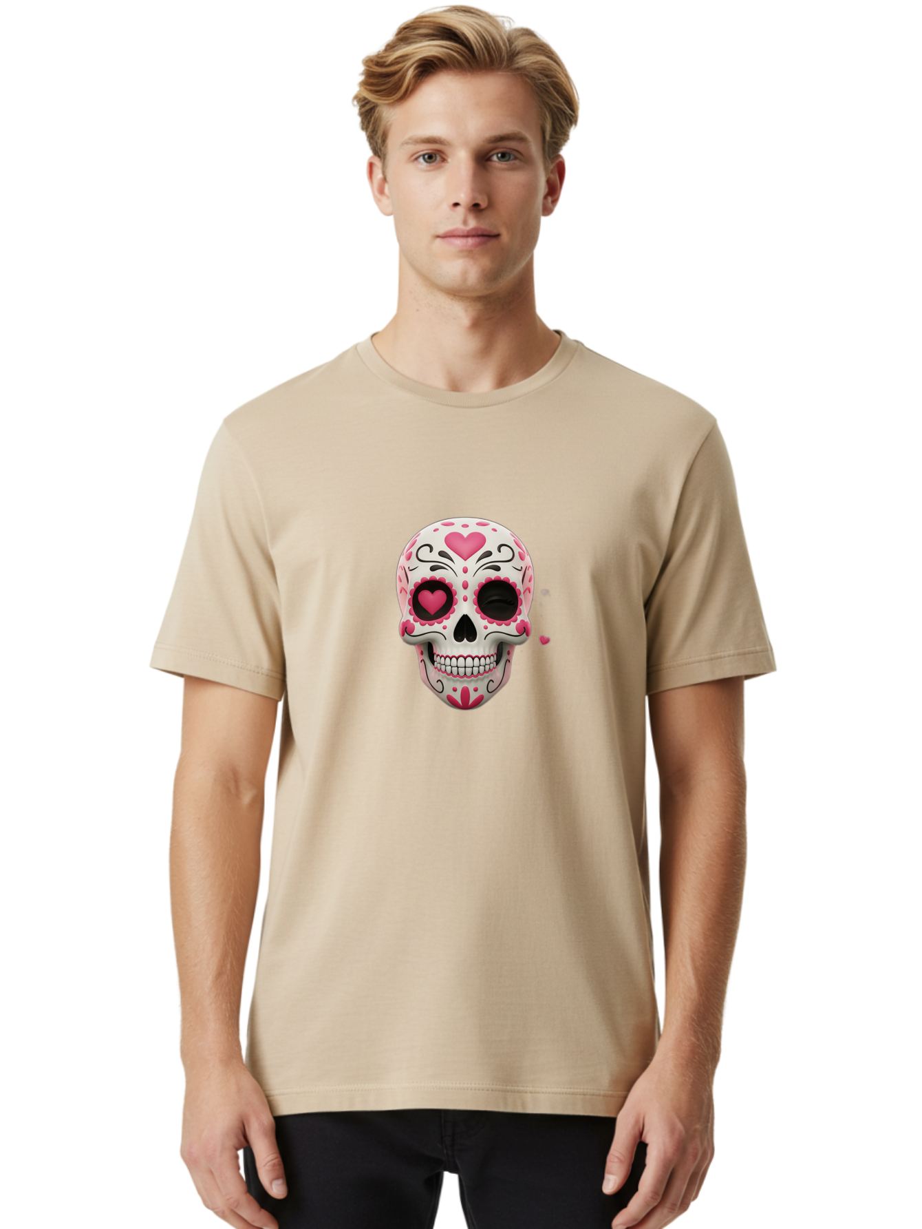 Sugar-Skull-Heart-Eyes Men'S Graphic Tee, 100% Cotton, Comfortable Casual Summer Wear, Machine Washable, Sugar Skull, Day Of The Dead, Pink Hearts, Floral Patterns, Black Swirls, Vibrant Colors, Festive Design, Intricate Details, Bad785