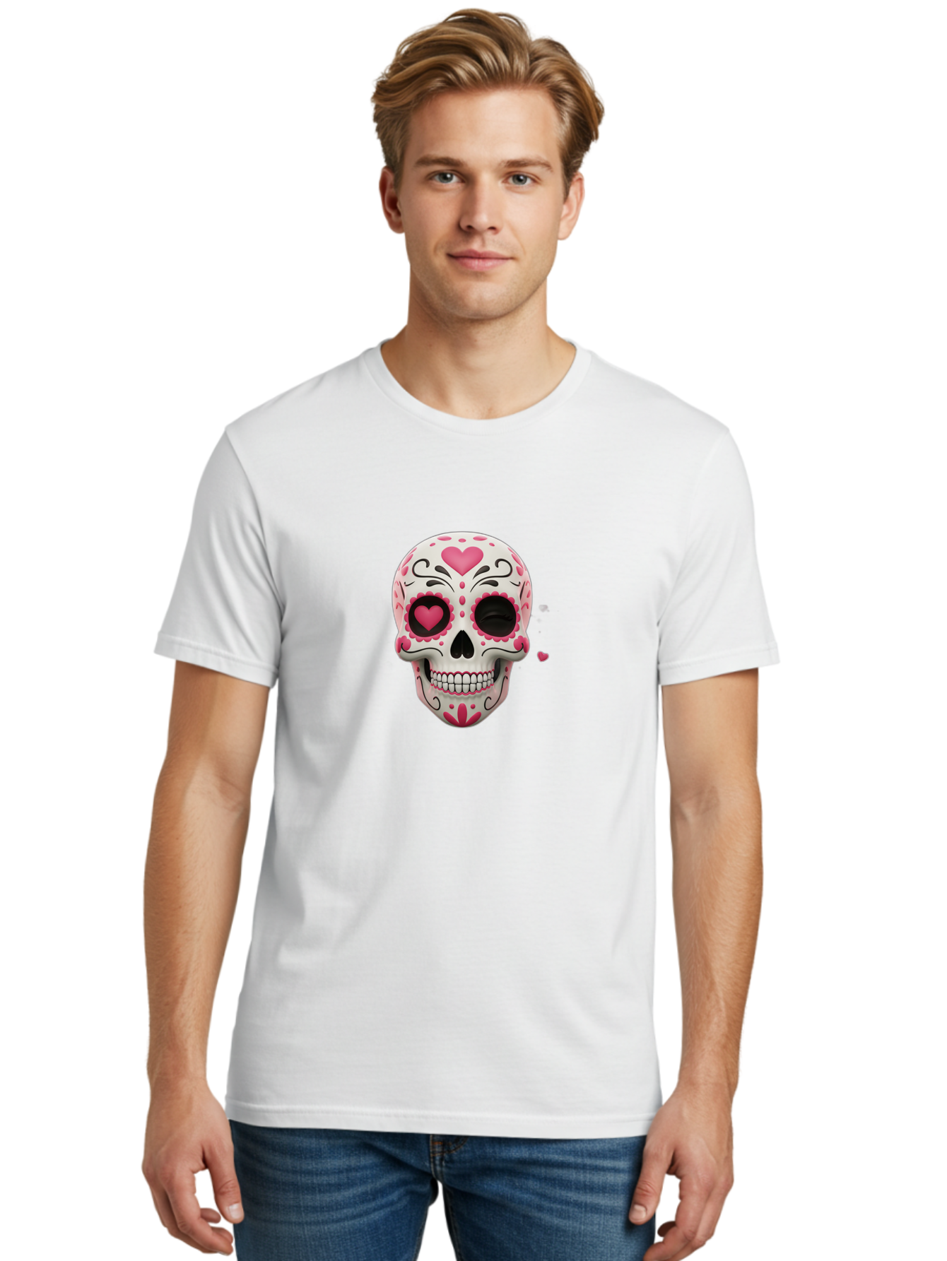 Sugar-Skull-Heart-Eyes Men'S Graphic Tee, 100% Cotton, Comfortable Casual Summer Wear, Machine Washable, Sugar Skull, Day Of The Dead, Pink Hearts, Floral Patterns, Black Swirls, Vibrant Colors, Festive Design, Intricate Details, Bad785