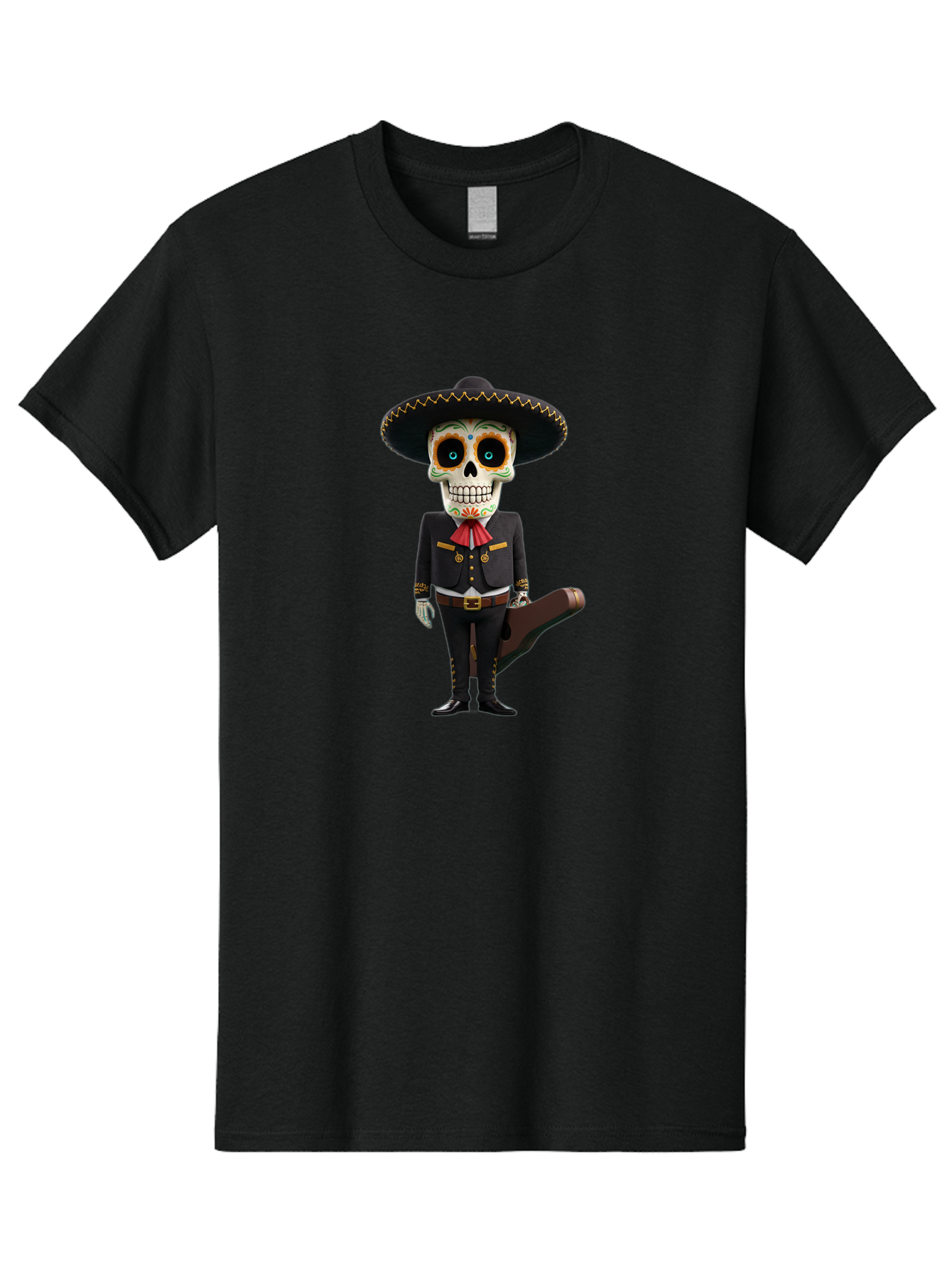 Sugar-Skull-Mariachi Men'S Graphic Tee, 100% Cotton, Comfortable Casual Summer Wear, Machine Washable, Sugar Skull, Mariachi Costume, Guitar Case, Day Of The Dead, Mexican Culture, Skeleton Decoration, Mariachi Attire, Festive Spirit, Bad786
