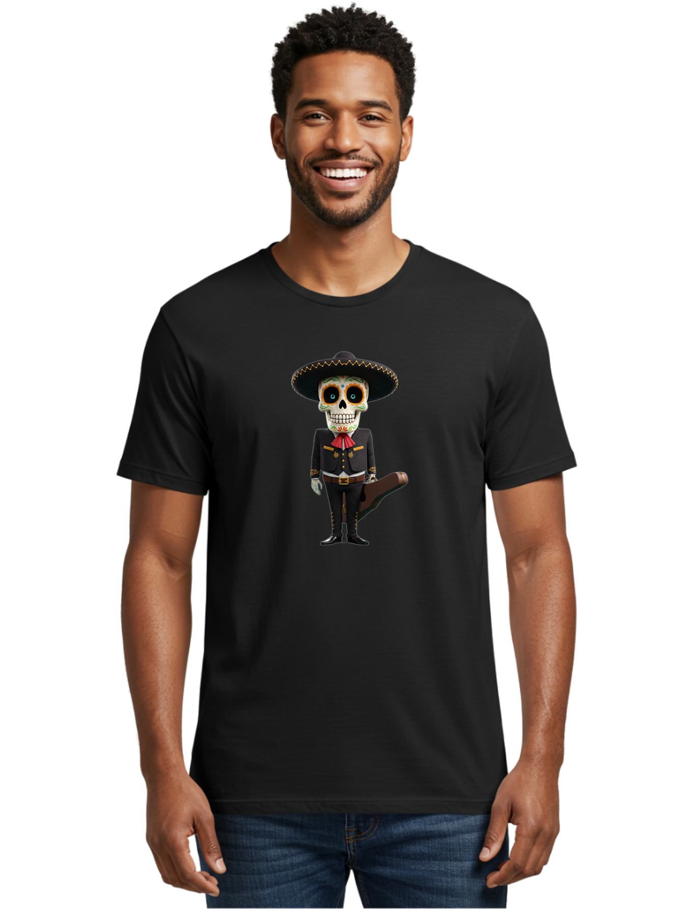 Sugar-Skull-Mariachi Men'S Graphic Tee, 100% Cotton, Comfortable Casual Summer Wear, Machine Washable, Sugar Skull, Mariachi Costume, Guitar Case, Day Of The Dead, Mexican Culture, Skeleton Decoration, Mariachi Attire, Festive Spirit, Bad786