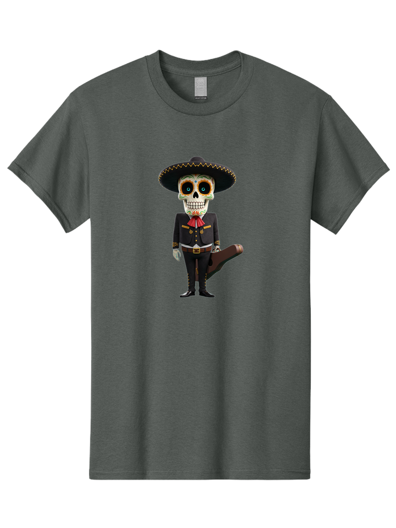 Sugar-Skull-Mariachi Men'S Graphic Tee, 100% Cotton, Comfortable Casual Summer Wear, Machine Washable, Sugar Skull, Mariachi Costume, Guitar Case, Day Of The Dead, Mexican Culture, Skeleton Decoration, Mariachi Attire, Festive Spirit, Bad786
