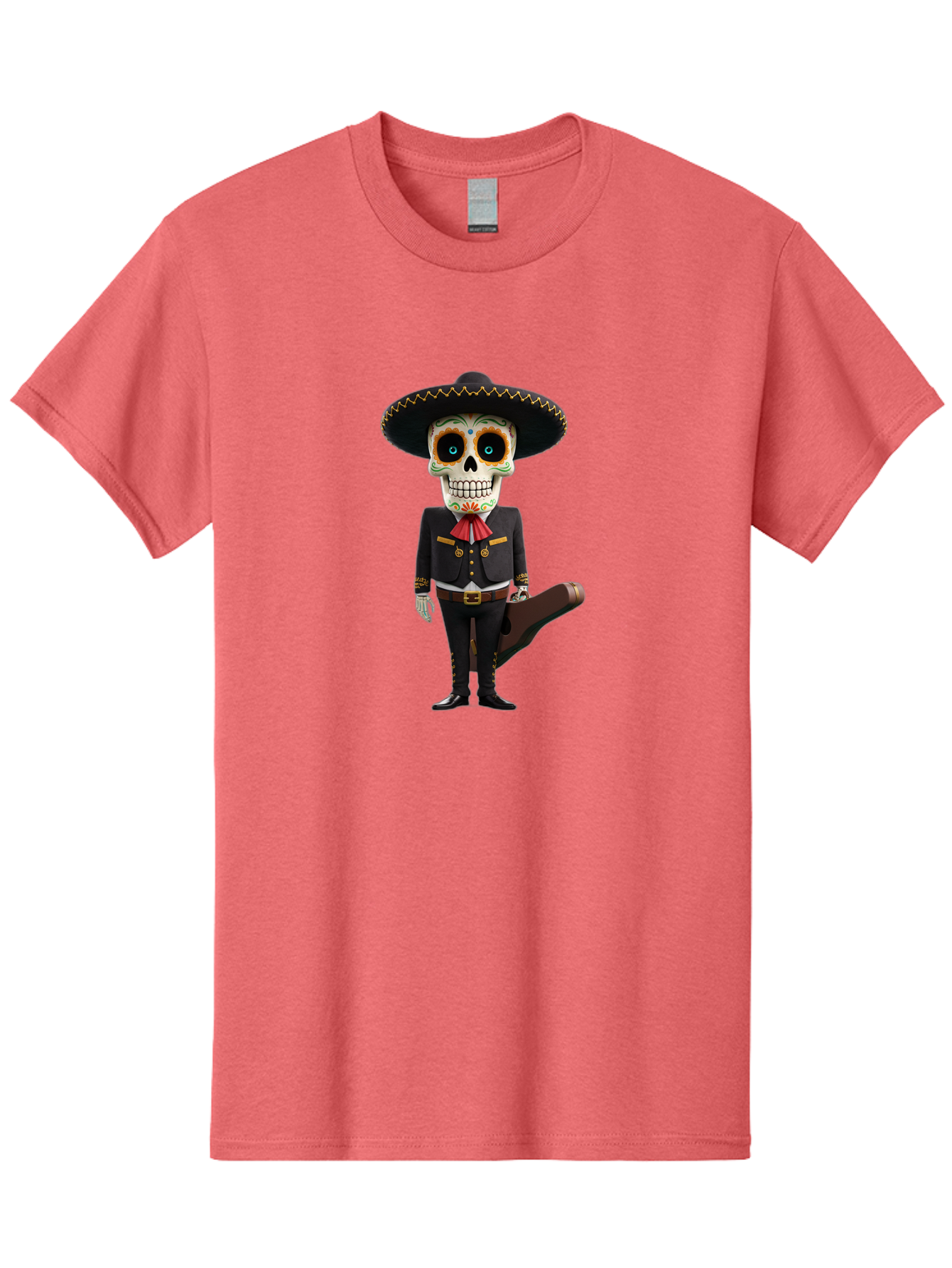 Sugar-Skull-Mariachi Men'S Graphic Tee, 100% Cotton, Comfortable Casual Summer Wear, Machine Washable, Sugar Skull, Mariachi Costume, Guitar Case, Day Of The Dead, Mexican Culture, Skeleton Decoration, Mariachi Attire, Festive Spirit, Bad786