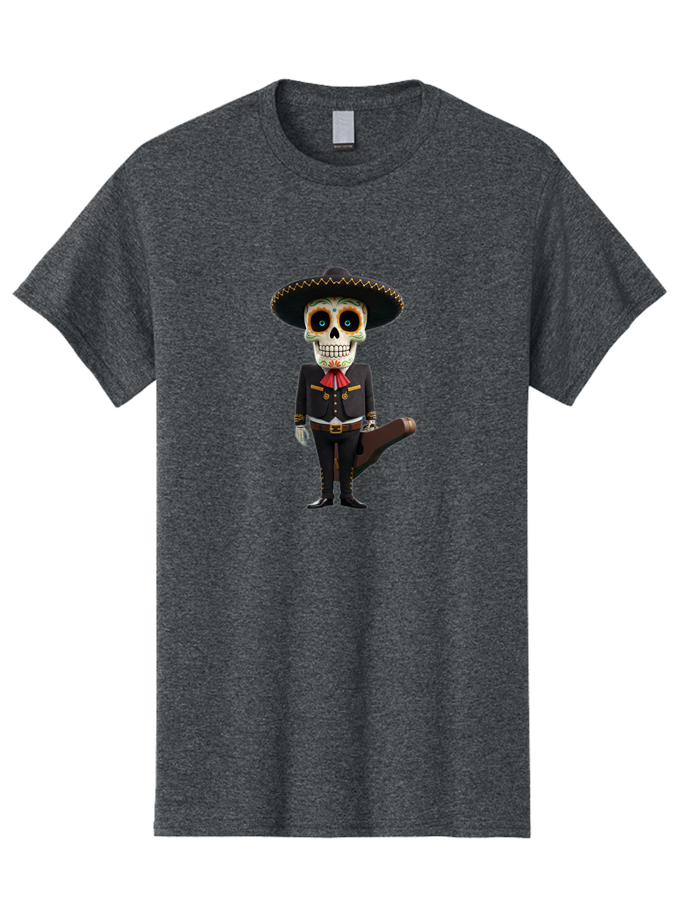 Sugar-Skull-Mariachi Men'S Graphic Tee, 100% Cotton, Comfortable Casual Summer Wear, Machine Washable, Sugar Skull, Mariachi Costume, Guitar Case, Day Of The Dead, Mexican Culture, Skeleton Decoration, Mariachi Attire, Festive Spirit, Bad786