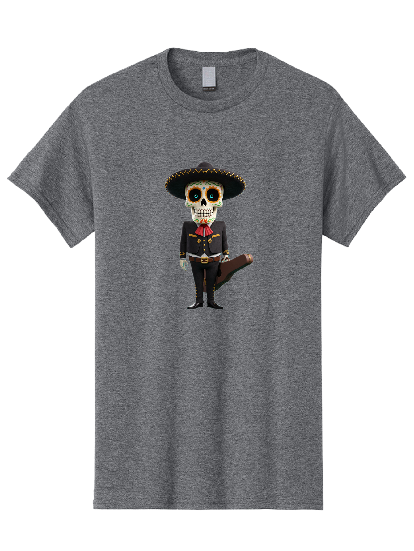 Sugar-Skull-Mariachi Men'S Graphic Tee, 100% Cotton, Comfortable Casual Summer Wear, Machine Washable, Sugar Skull, Mariachi Costume, Guitar Case, Day Of The Dead, Mexican Culture, Skeleton Decoration, Mariachi Attire, Festive Spirit, Bad786