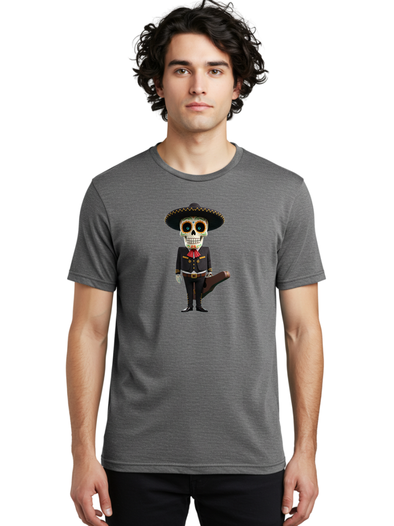 Sugar-Skull-Mariachi Men'S Graphic Tee, 100% Cotton, Comfortable Casual Summer Wear, Machine Washable, Sugar Skull, Mariachi Costume, Guitar Case, Day Of The Dead, Mexican Culture, Skeleton Decoration, Mariachi Attire, Festive Spirit, Bad786