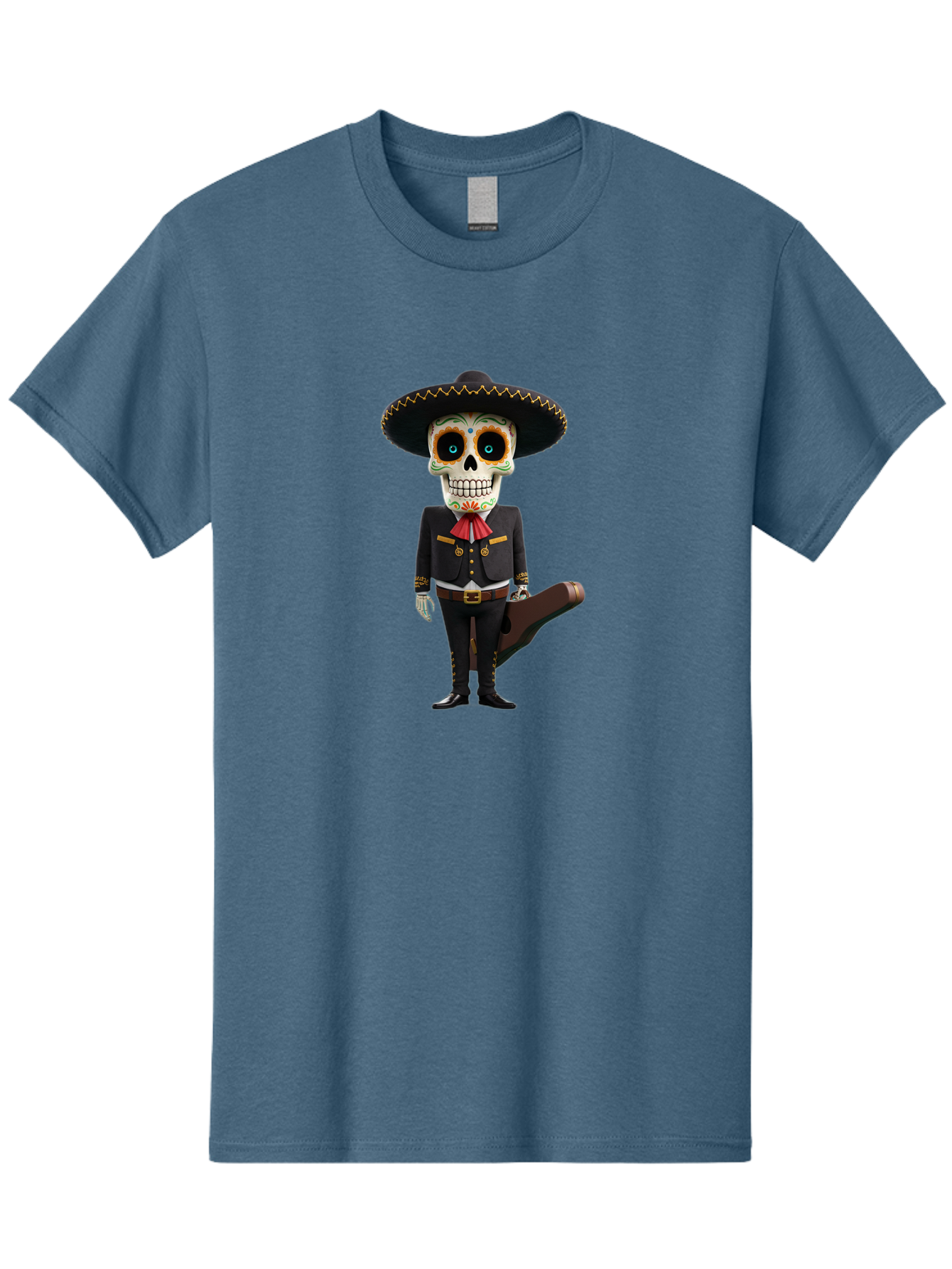 Sugar-Skull-Mariachi Men'S Graphic Tee, 100% Cotton, Comfortable Casual Summer Wear, Machine Washable, Sugar Skull, Mariachi Costume, Guitar Case, Day Of The Dead, Mexican Culture, Skeleton Decoration, Mariachi Attire, Festive Spirit, Bad786