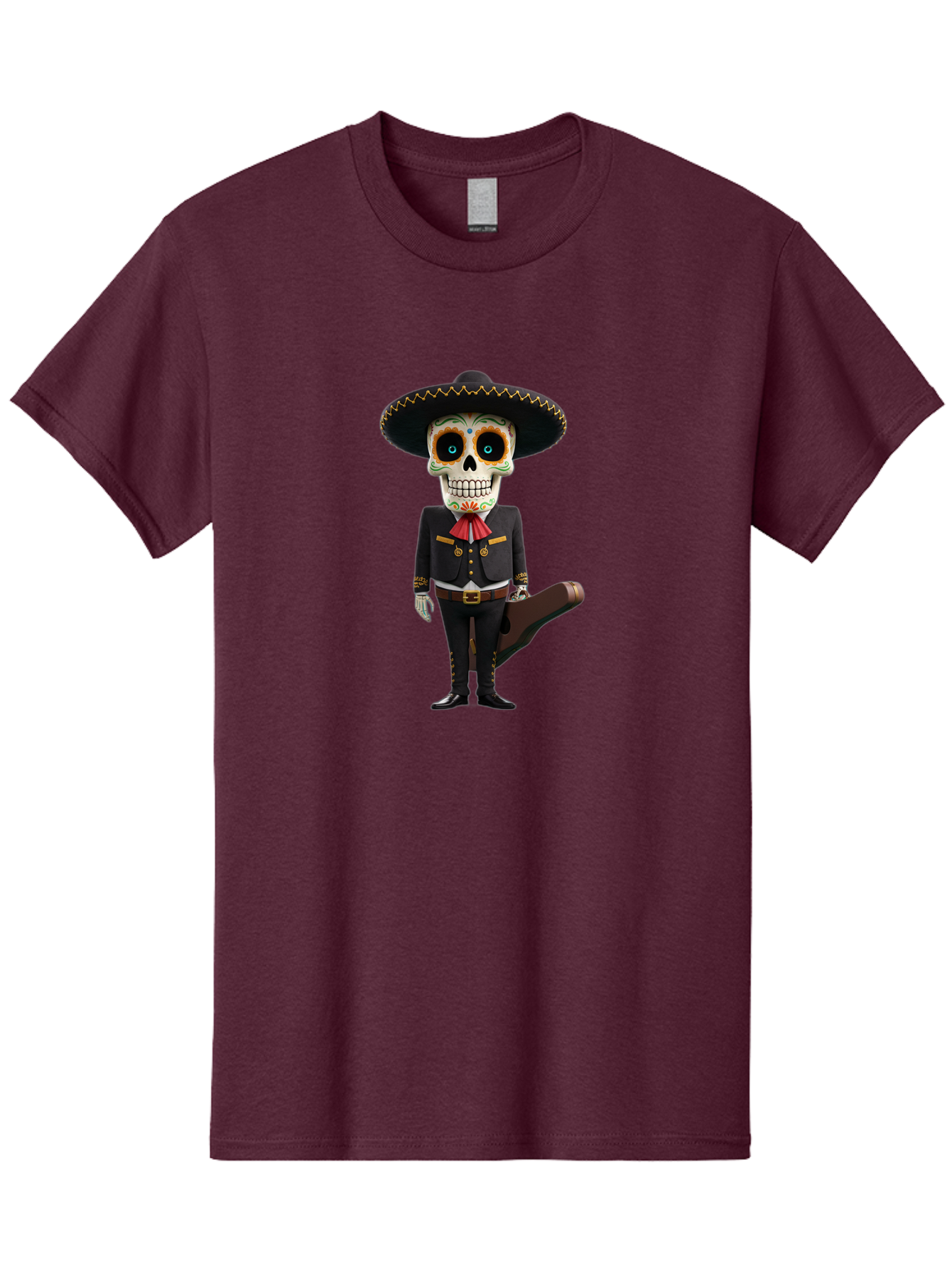 Sugar-Skull-Mariachi Men'S Graphic Tee, 100% Cotton, Comfortable Casual Summer Wear, Machine Washable, Sugar Skull, Mariachi Costume, Guitar Case, Day Of The Dead, Mexican Culture, Skeleton Decoration, Mariachi Attire, Festive Spirit, Bad786
