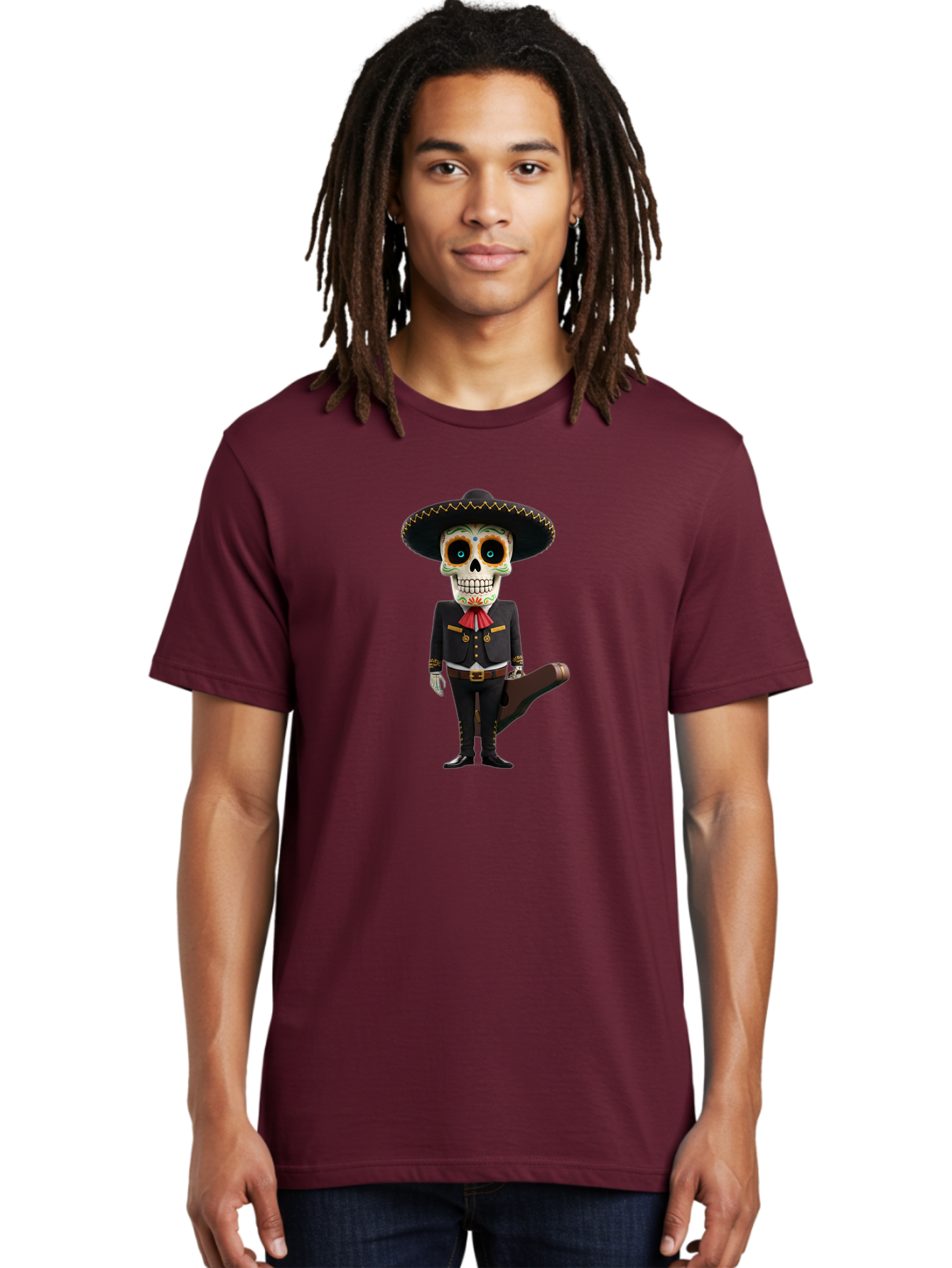 Sugar-Skull-Mariachi Men'S Graphic Tee, 100% Cotton, Comfortable Casual Summer Wear, Machine Washable, Sugar Skull, Mariachi Costume, Guitar Case, Day Of The Dead, Mexican Culture, Skeleton Decoration, Mariachi Attire, Festive Spirit, Bad786