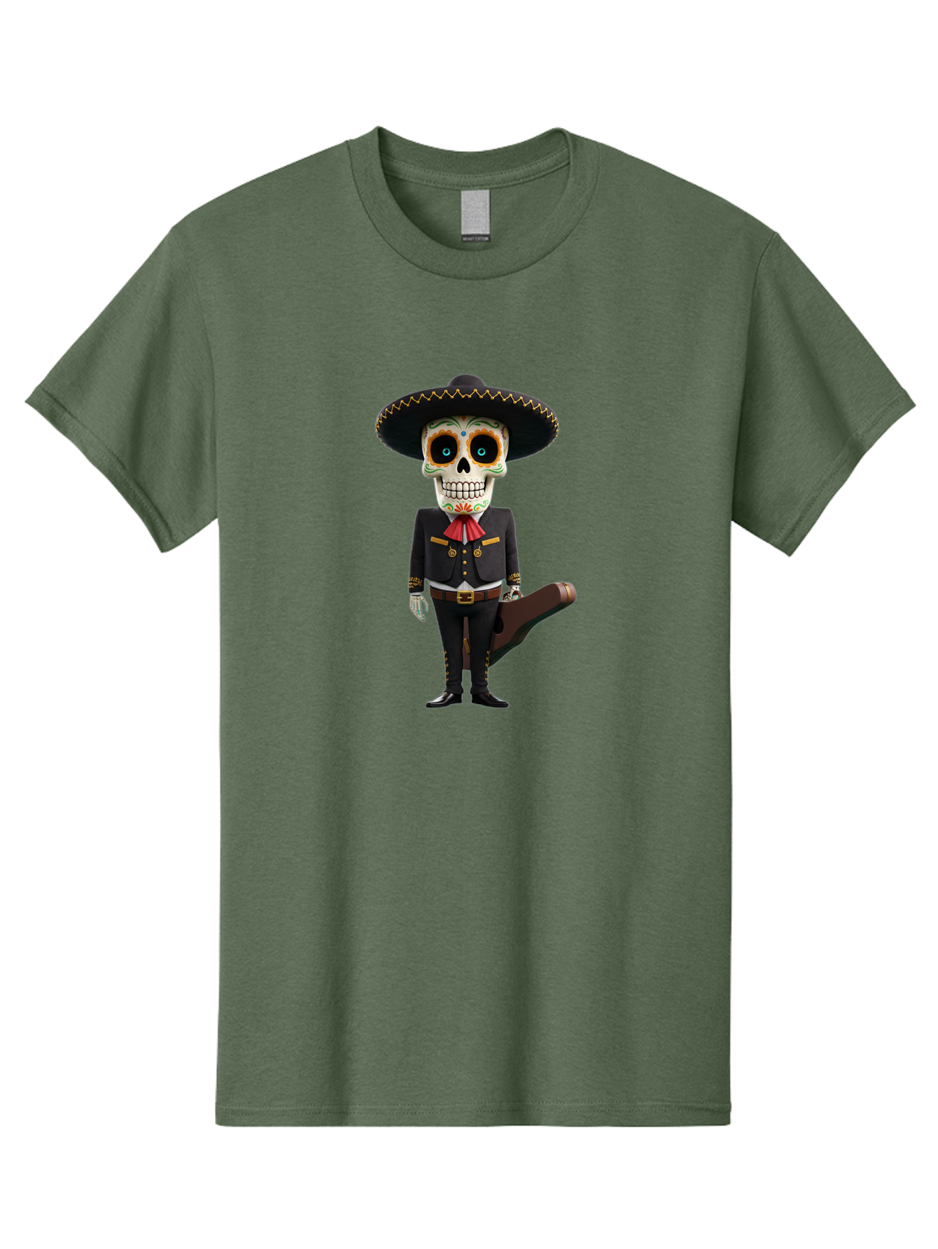 Sugar-Skull-Mariachi Men'S Graphic Tee, 100% Cotton, Comfortable Casual Summer Wear, Machine Washable, Sugar Skull, Mariachi Costume, Guitar Case, Day Of The Dead, Mexican Culture, Skeleton Decoration, Mariachi Attire, Festive Spirit, Bad786