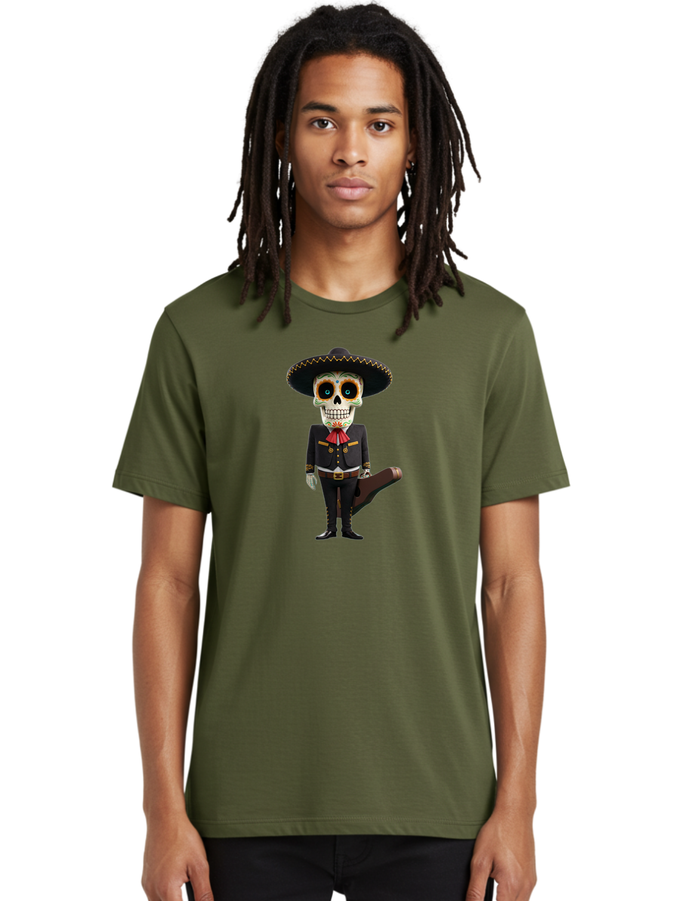 Sugar-Skull-Mariachi Men'S Graphic Tee, 100% Cotton, Comfortable Casual Summer Wear, Machine Washable, Sugar Skull, Mariachi Costume, Guitar Case, Day Of The Dead, Mexican Culture, Skeleton Decoration, Mariachi Attire, Festive Spirit, Bad786