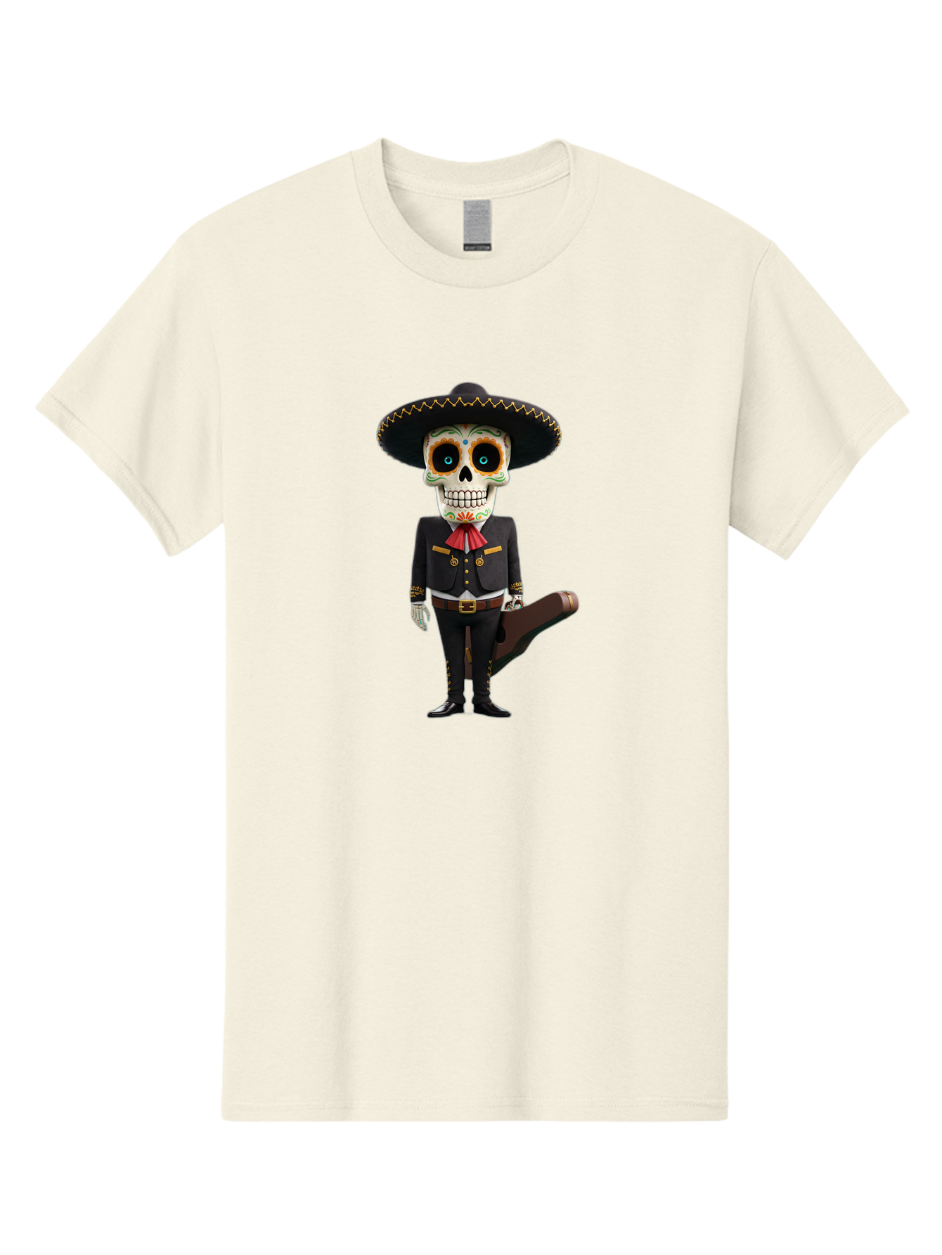 Sugar-Skull-Mariachi Men'S Graphic Tee, 100% Cotton, Comfortable Casual Summer Wear, Machine Washable, Sugar Skull, Mariachi Costume, Guitar Case, Day Of The Dead, Mexican Culture, Skeleton Decoration, Mariachi Attire, Festive Spirit, Bad786