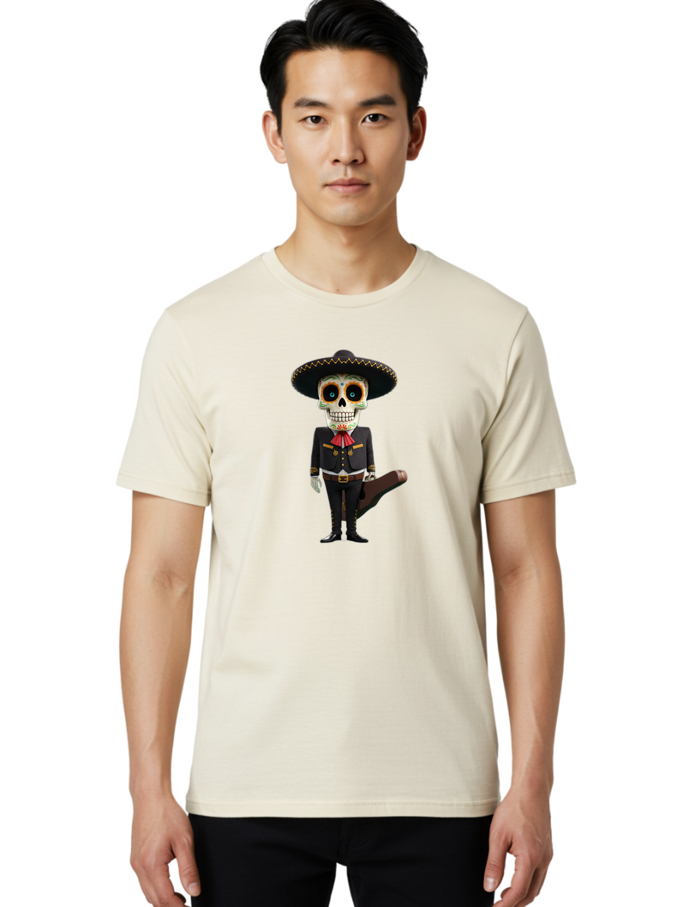 Sugar-Skull-Mariachi Men'S Graphic Tee, 100% Cotton, Comfortable Casual Summer Wear, Machine Washable, Sugar Skull, Mariachi Costume, Guitar Case, Day Of The Dead, Mexican Culture, Skeleton Decoration, Mariachi Attire, Festive Spirit, Bad786