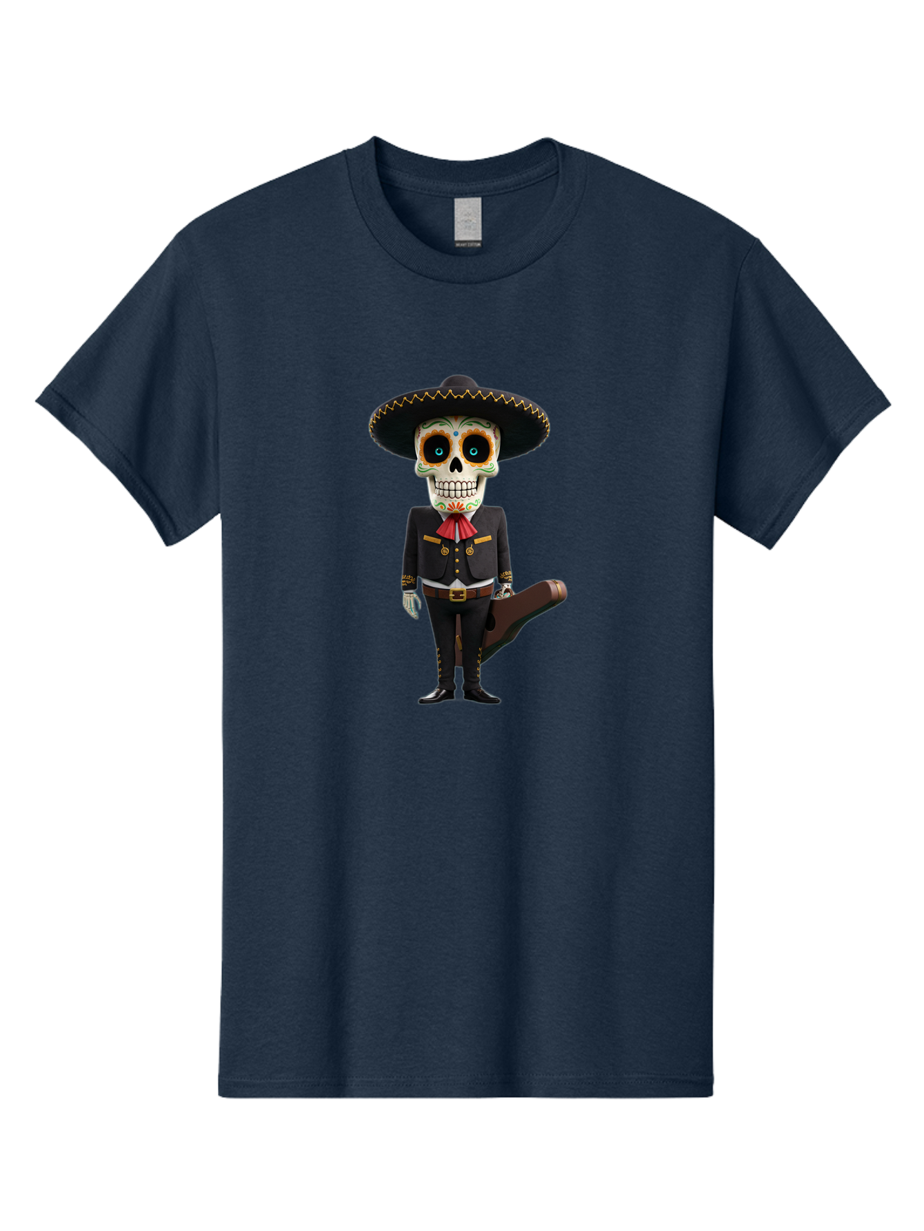 Sugar-Skull-Mariachi Men'S Graphic Tee, 100% Cotton, Comfortable Casual Summer Wear, Machine Washable, Sugar Skull, Mariachi Costume, Guitar Case, Day Of The Dead, Mexican Culture, Skeleton Decoration, Mariachi Attire, Festive Spirit, Bad786