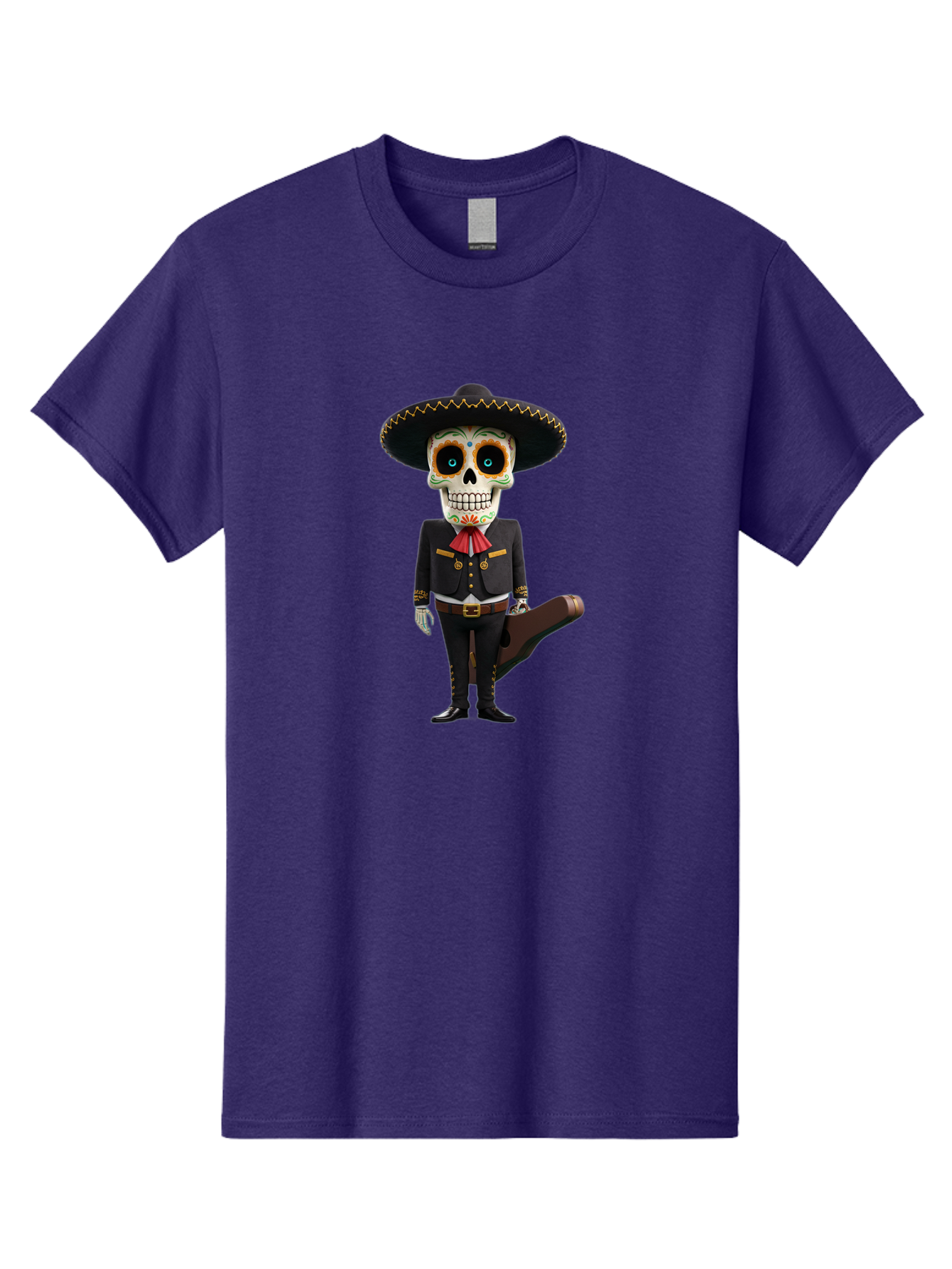 Sugar-Skull-Mariachi Men'S Graphic Tee, 100% Cotton, Comfortable Casual Summer Wear, Machine Washable, Sugar Skull, Mariachi Costume, Guitar Case, Day Of The Dead, Mexican Culture, Skeleton Decoration, Mariachi Attire, Festive Spirit, Bad786
