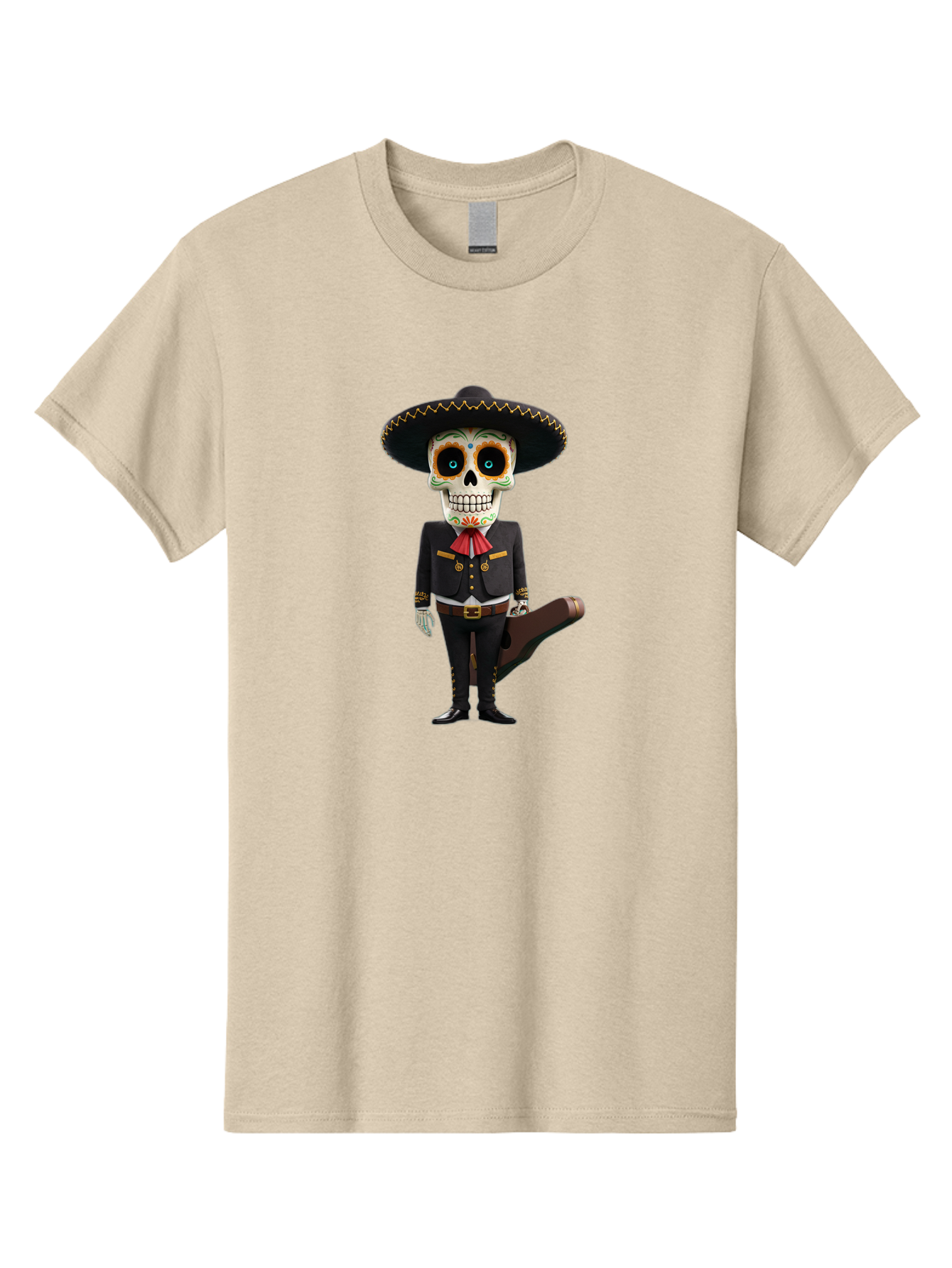 Sugar-Skull-Mariachi Men'S Graphic Tee, 100% Cotton, Comfortable Casual Summer Wear, Machine Washable, Sugar Skull, Mariachi Costume, Guitar Case, Day Of The Dead, Mexican Culture, Skeleton Decoration, Mariachi Attire, Festive Spirit, Bad786