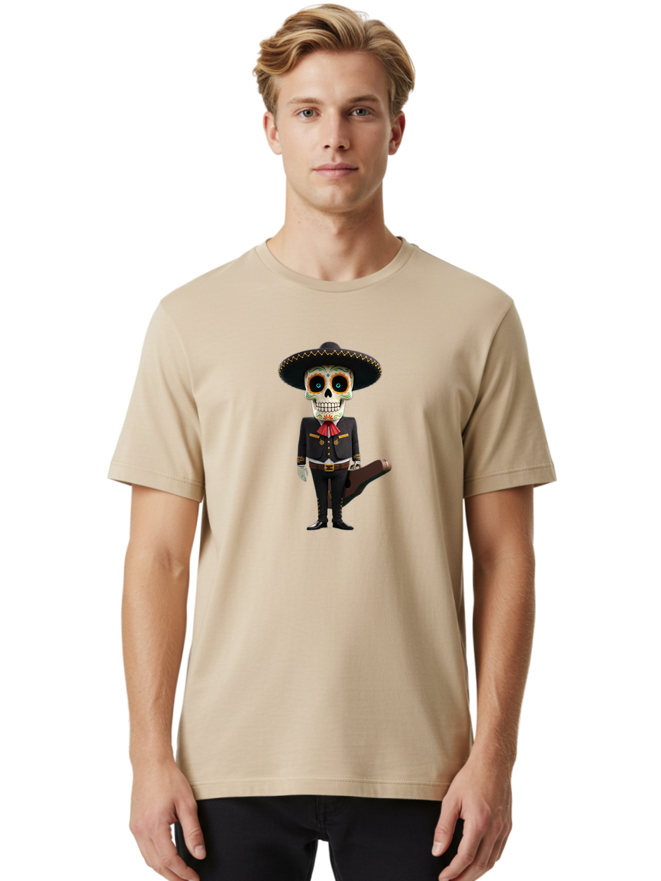 Sugar-Skull-Mariachi Men'S Graphic Tee, 100% Cotton, Comfortable Casual Summer Wear, Machine Washable, Sugar Skull, Mariachi Costume, Guitar Case, Day Of The Dead, Mexican Culture, Skeleton Decoration, Mariachi Attire, Festive Spirit, Bad786
