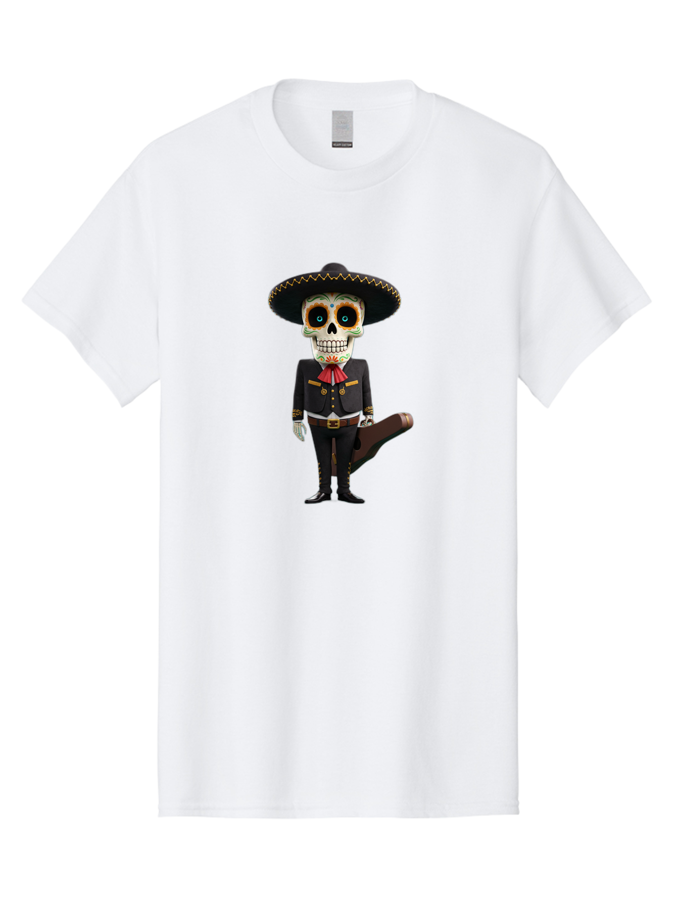 Sugar-Skull-Mariachi Men'S Graphic Tee, 100% Cotton, Comfortable Casual Summer Wear, Machine Washable, Sugar Skull, Mariachi Costume, Guitar Case, Day Of The Dead, Mexican Culture, Skeleton Decoration, Mariachi Attire, Festive Spirit, Bad786