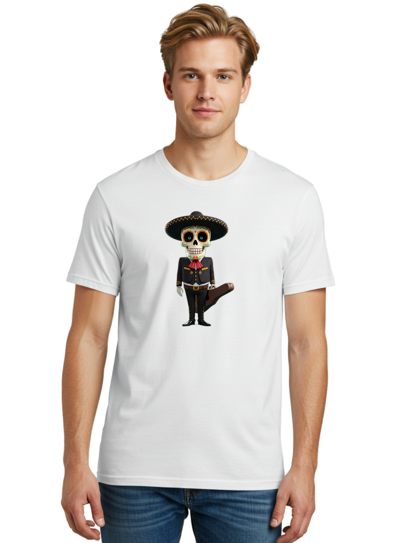 Sugar-Skull-Mariachi Men'S Graphic Tee, 100% Cotton, Comfortable Casual Summer Wear, Machine Washable, Sugar Skull, Mariachi Costume, Guitar Case, Day Of The Dead, Mexican Culture, Skeleton Decoration, Mariachi Attire, Festive Spirit, Bad786