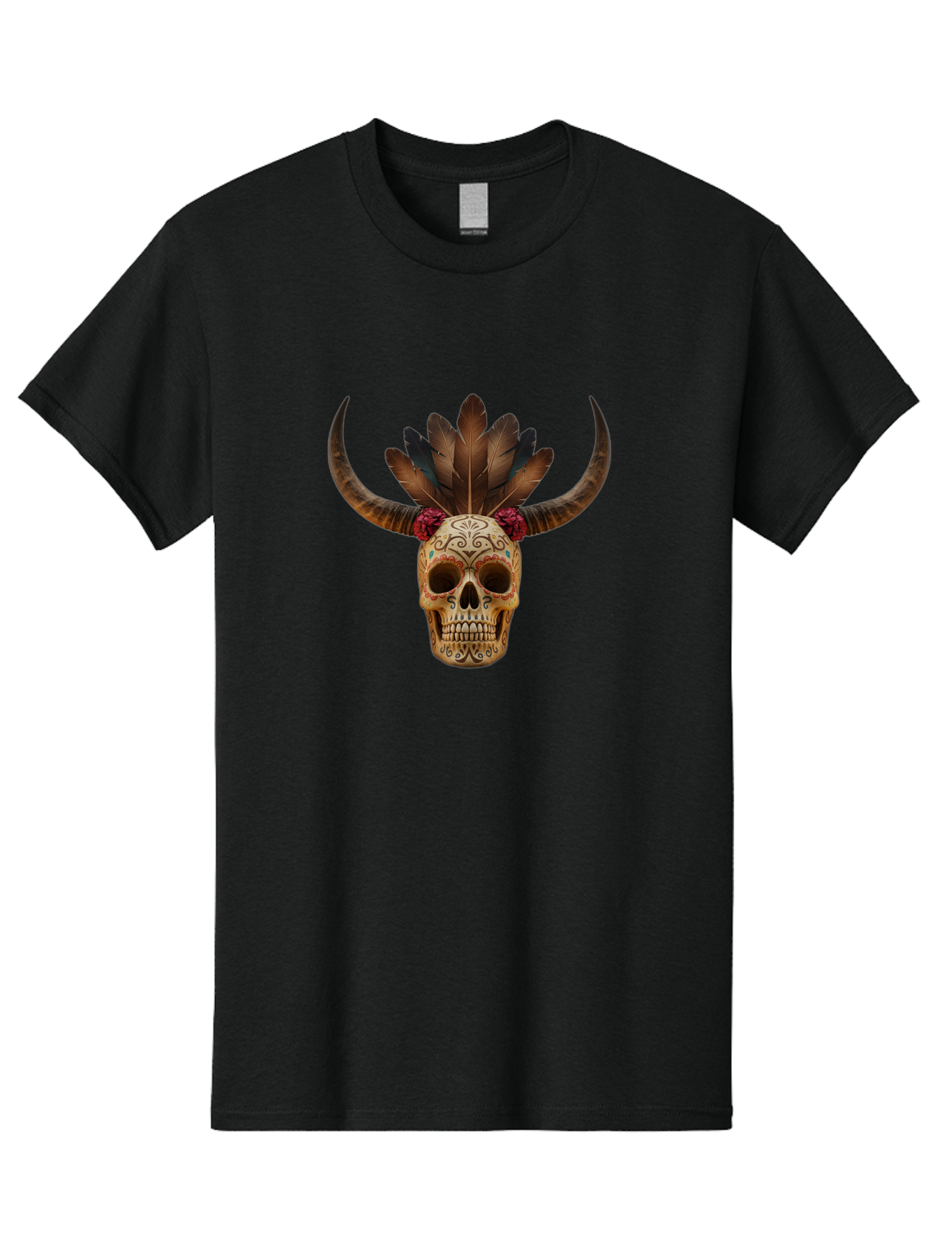 Sugar-Skull-Minotaur Men'S Graphic Tee, 100% Cotton, Comfortable Casual Summer Wear, Machine Washable, Sugar Skull, Minotaur, Bull Skull, Day Of The Dead, Dia De Los Muertos, Tribal Art, Feathered Headdress, Gothic Decor, Skull Art Bad787