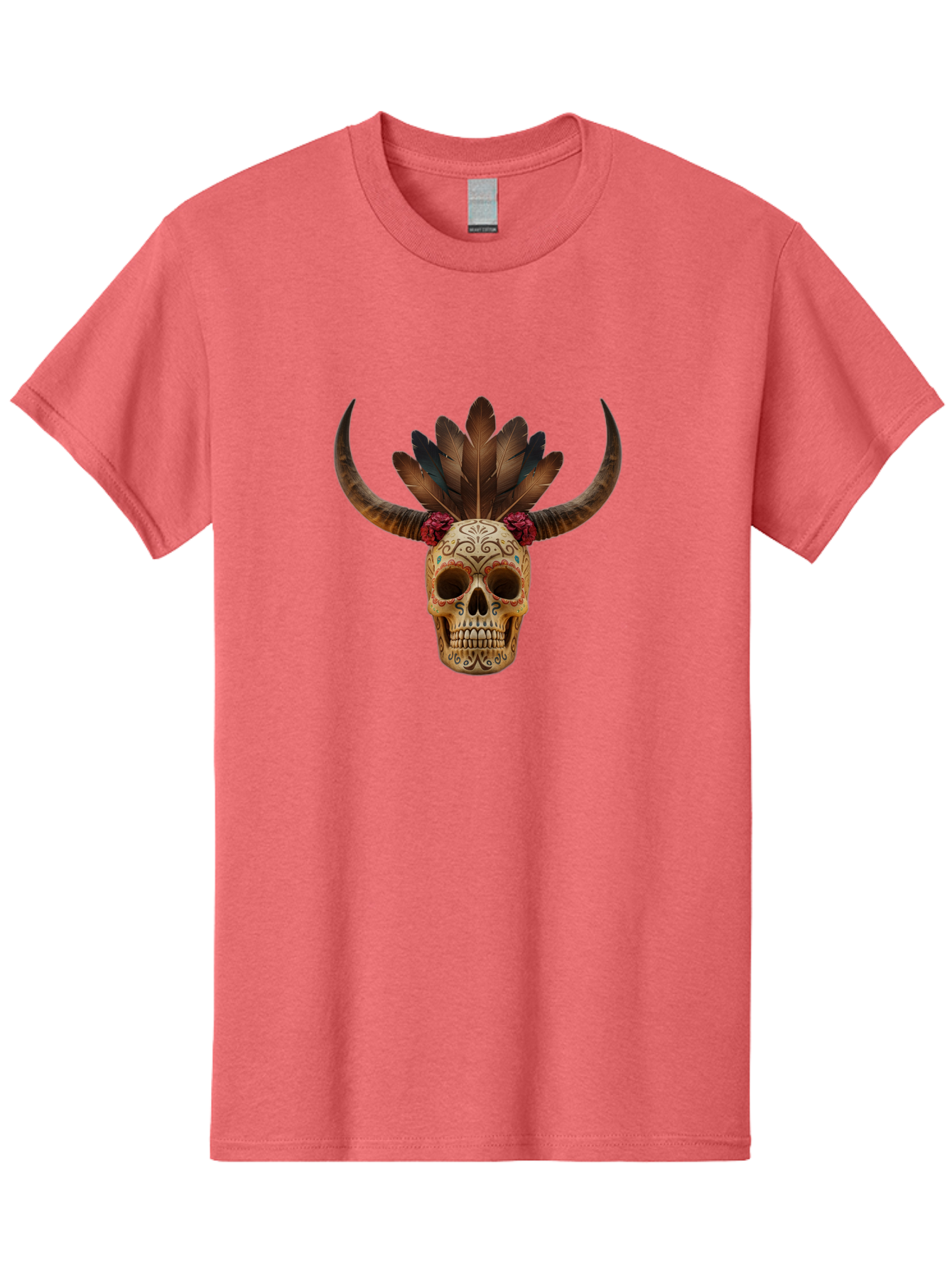 Sugar-Skull-Minotaur Men'S Graphic Tee, 100% Cotton, Comfortable Casual Summer Wear, Machine Washable, Sugar Skull, Minotaur, Bull Skull, Day Of The Dead, Dia De Los Muertos, Tribal Art, Feathered Headdress, Gothic Decor, Skull Art Bad787