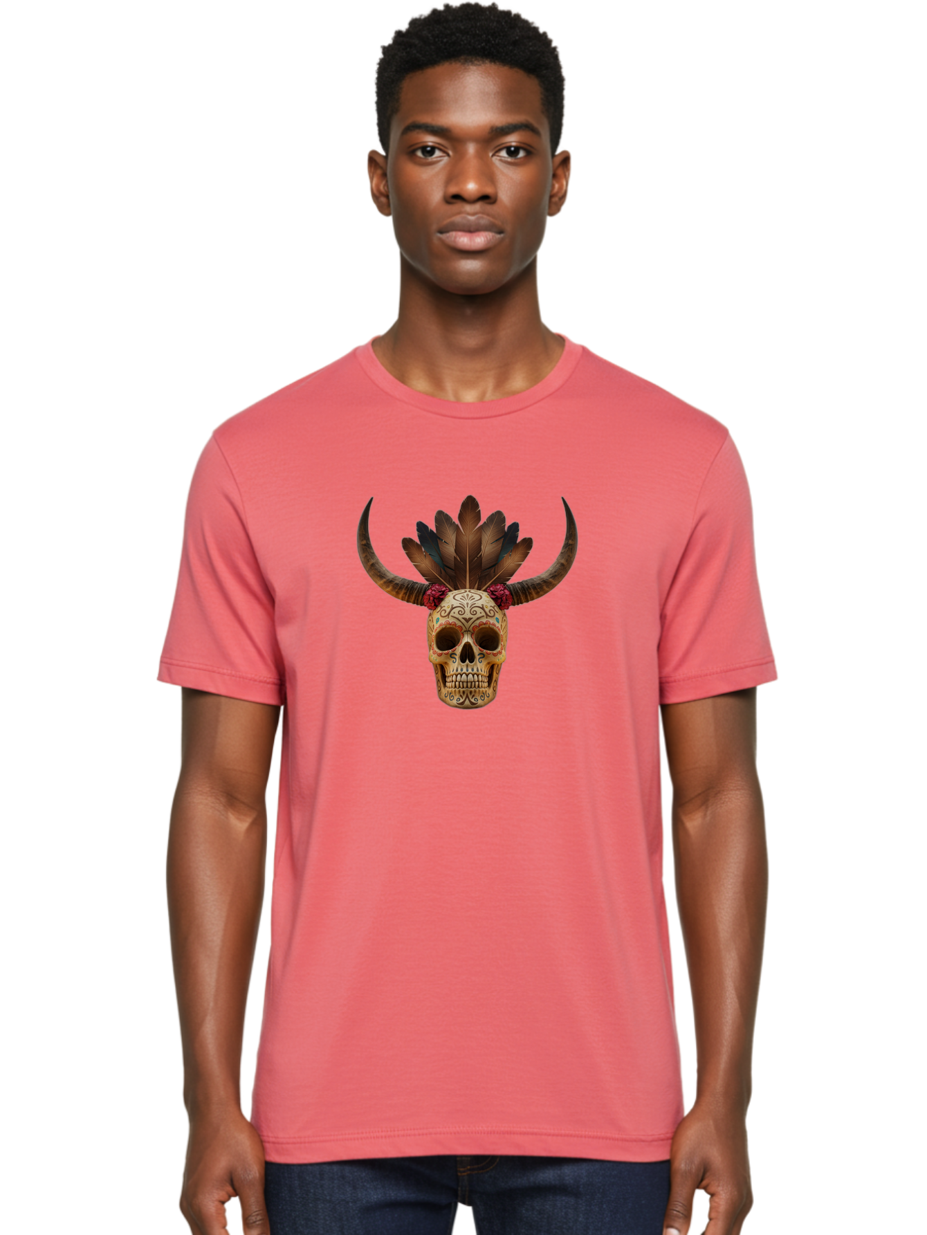 Sugar-Skull-Minotaur Men'S Graphic Tee, 100% Cotton, Comfortable Casual Summer Wear, Machine Washable, Sugar Skull, Minotaur, Bull Skull, Day Of The Dead, Dia De Los Muertos, Tribal Art, Feathered Headdress, Gothic Decor, Skull Art Bad787