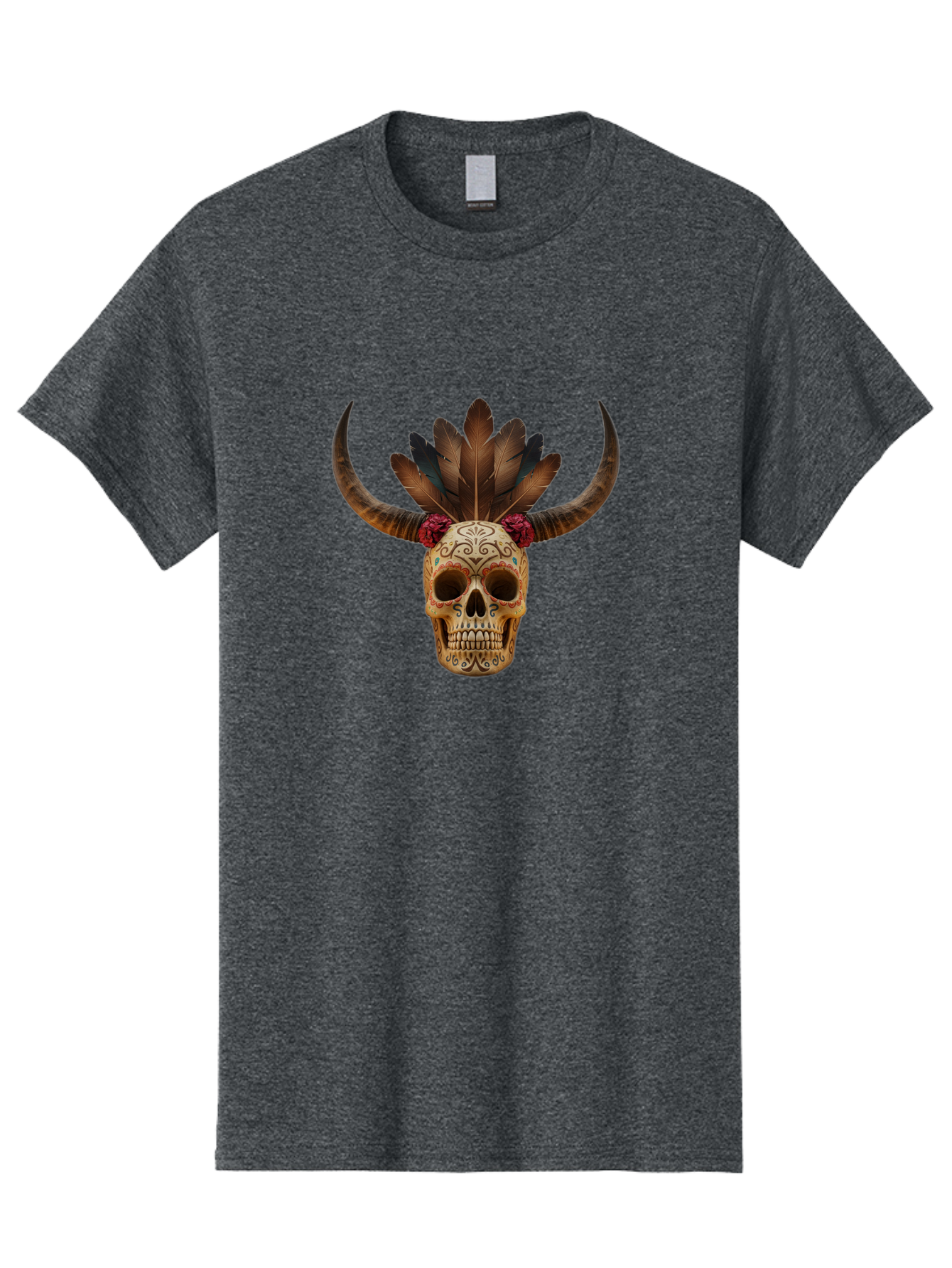 Sugar-Skull-Minotaur Men'S Graphic Tee, 100% Cotton, Comfortable Casual Summer Wear, Machine Washable, Sugar Skull, Minotaur, Bull Skull, Day Of The Dead, Dia De Los Muertos, Tribal Art, Feathered Headdress, Gothic Decor, Skull Art Bad787