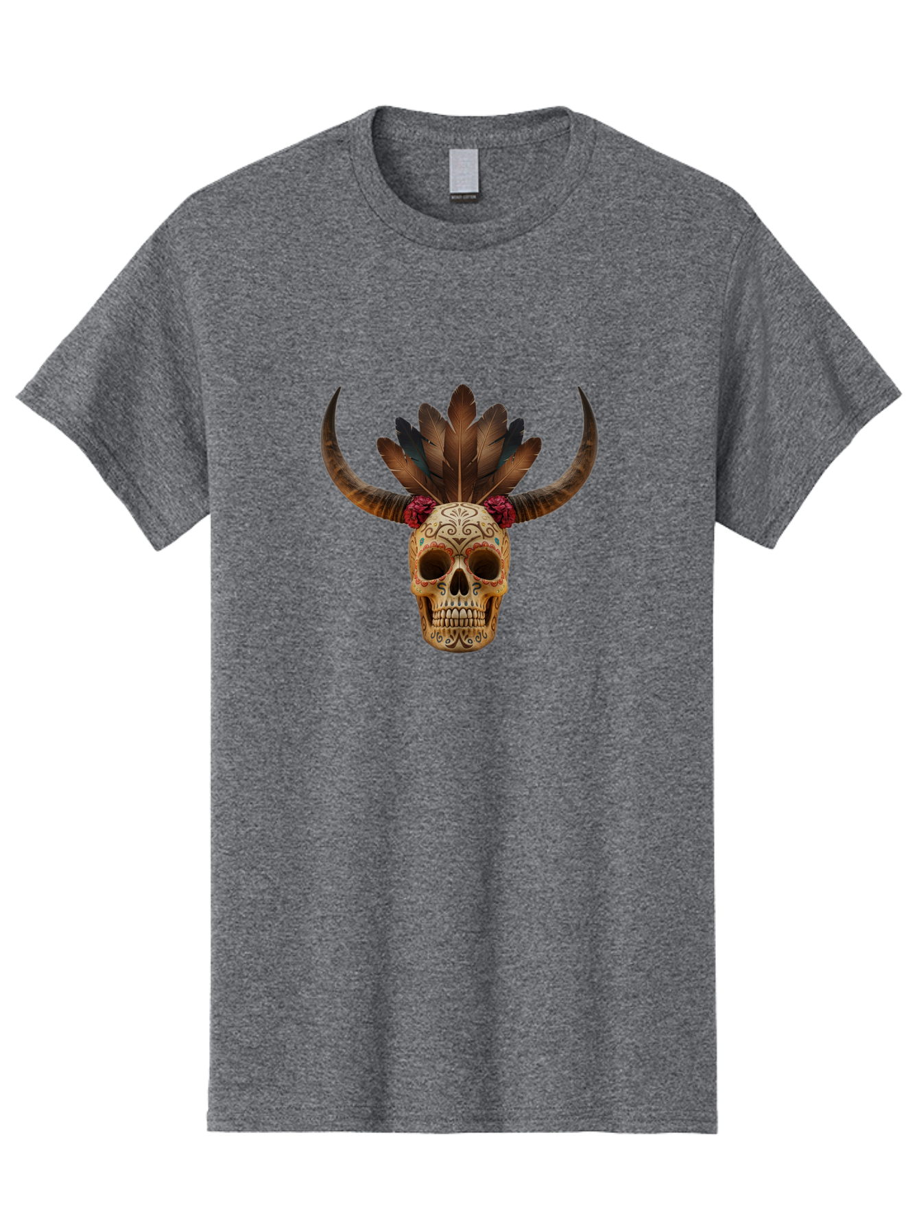 Sugar-Skull-Minotaur Men'S Graphic Tee, 100% Cotton, Comfortable Casual Summer Wear, Machine Washable, Sugar Skull, Minotaur, Bull Skull, Day Of The Dead, Dia De Los Muertos, Tribal Art, Feathered Headdress, Gothic Decor, Skull Art Bad787