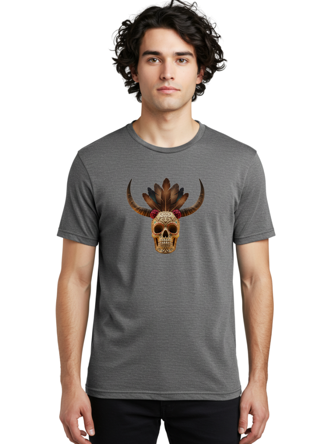 Sugar-Skull-Minotaur Men'S Graphic Tee, 100% Cotton, Comfortable Casual Summer Wear, Machine Washable, Sugar Skull, Minotaur, Bull Skull, Day Of The Dead, Dia De Los Muertos, Tribal Art, Feathered Headdress, Gothic Decor, Skull Art Bad787