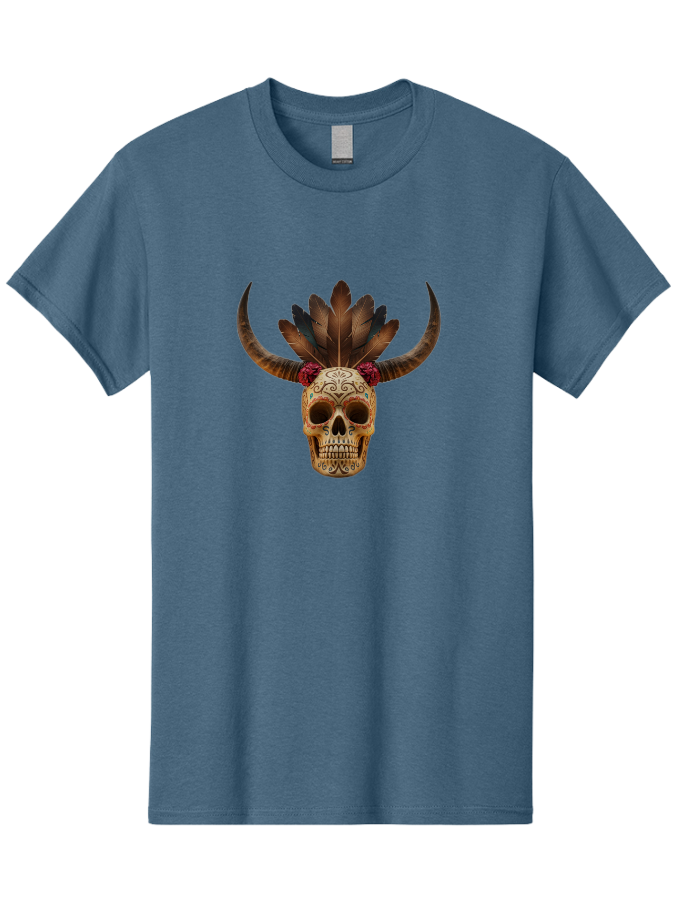 Sugar-Skull-Minotaur Men'S Graphic Tee, 100% Cotton, Comfortable Casual Summer Wear, Machine Washable, Sugar Skull, Minotaur, Bull Skull, Day Of The Dead, Dia De Los Muertos, Tribal Art, Feathered Headdress, Gothic Decor, Skull Art Bad787