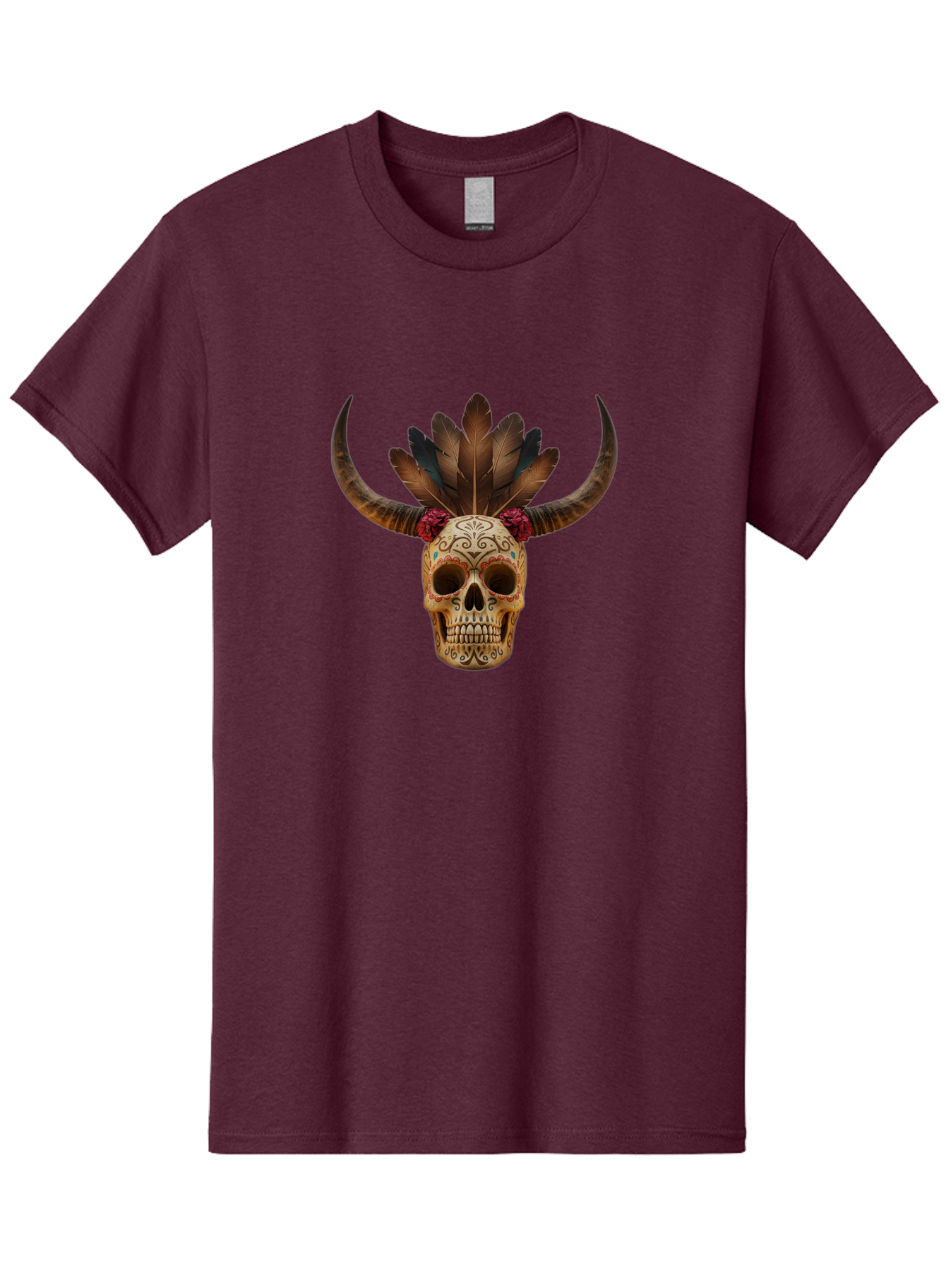 Sugar-Skull-Minotaur Men'S Graphic Tee, 100% Cotton, Comfortable Casual Summer Wear, Machine Washable, Sugar Skull, Minotaur, Bull Skull, Day Of The Dead, Dia De Los Muertos, Tribal Art, Feathered Headdress, Gothic Decor, Skull Art Bad787