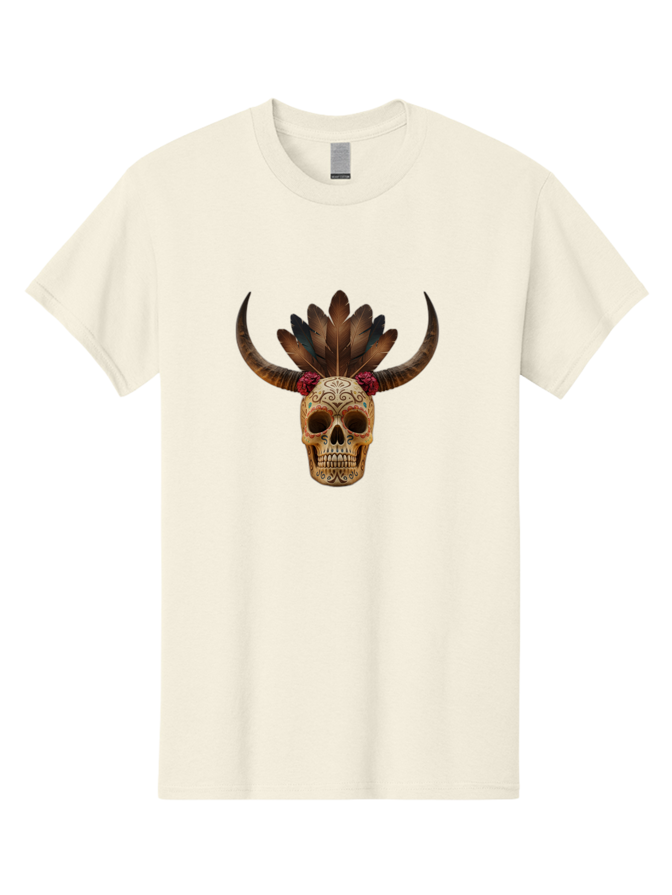 Sugar-Skull-Minotaur Men'S Graphic Tee, 100% Cotton, Comfortable Casual Summer Wear, Machine Washable, Sugar Skull, Minotaur, Bull Skull, Day Of The Dead, Dia De Los Muertos, Tribal Art, Feathered Headdress, Gothic Decor, Skull Art Bad787
