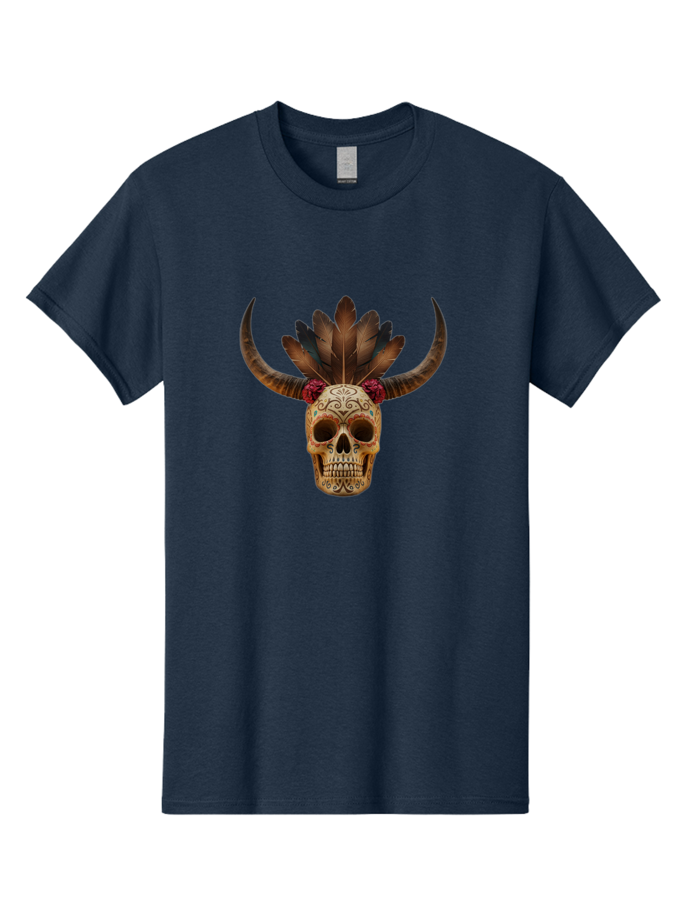 Sugar-Skull-Minotaur Men'S Graphic Tee, 100% Cotton, Comfortable Casual Summer Wear, Machine Washable, Sugar Skull, Minotaur, Bull Skull, Day Of The Dead, Dia De Los Muertos, Tribal Art, Feathered Headdress, Gothic Decor, Skull Art Bad787