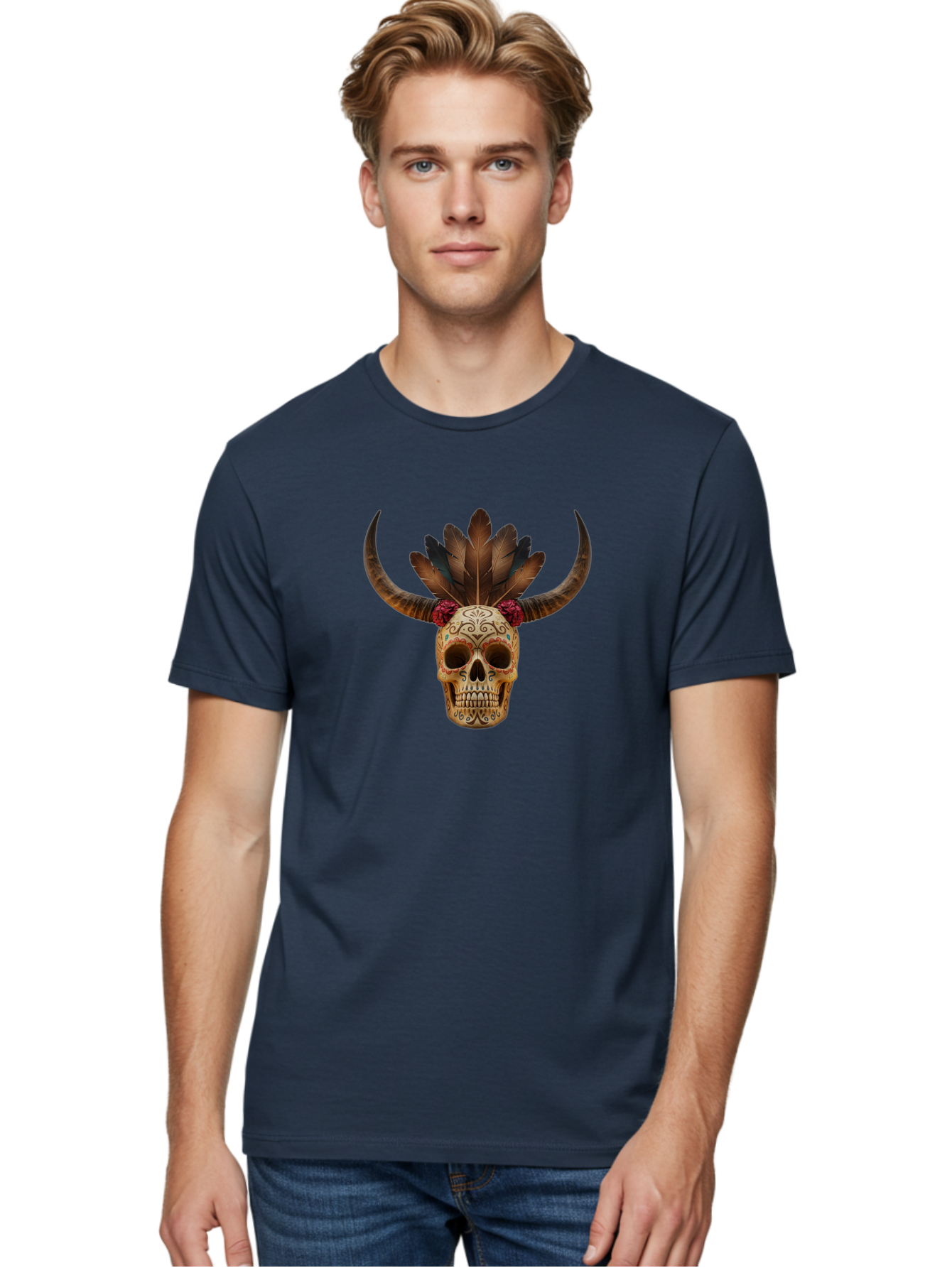 Sugar-Skull-Minotaur Men'S Graphic Tee, 100% Cotton, Comfortable Casual Summer Wear, Machine Washable, Sugar Skull, Minotaur, Bull Skull, Day Of The Dead, Dia De Los Muertos, Tribal Art, Feathered Headdress, Gothic Decor, Skull Art Bad787