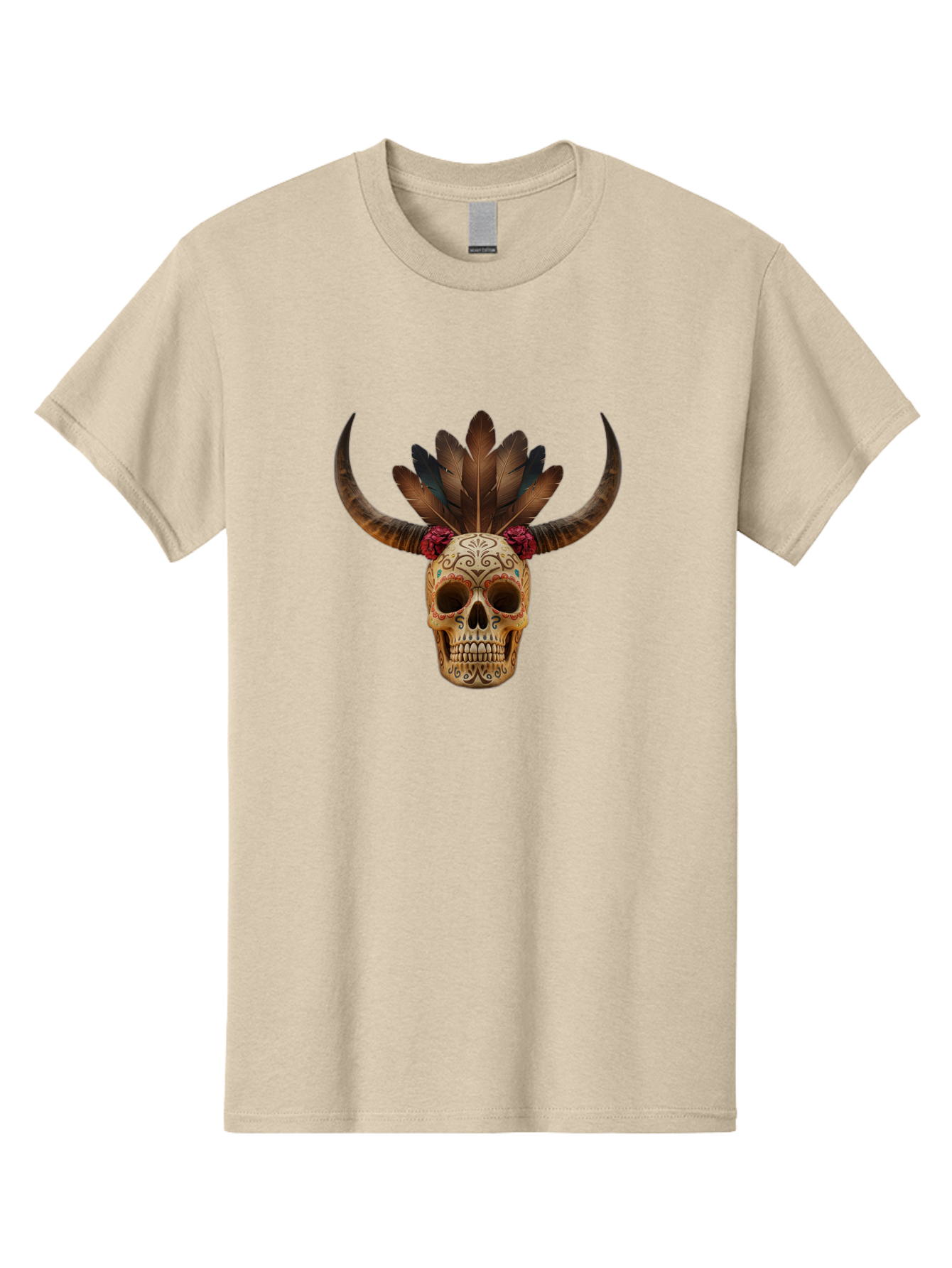 Sugar-Skull-Minotaur Men'S Graphic Tee, 100% Cotton, Comfortable Casual Summer Wear, Machine Washable, Sugar Skull, Minotaur, Bull Skull, Day Of The Dead, Dia De Los Muertos, Tribal Art, Feathered Headdress, Gothic Decor, Skull Art Bad787