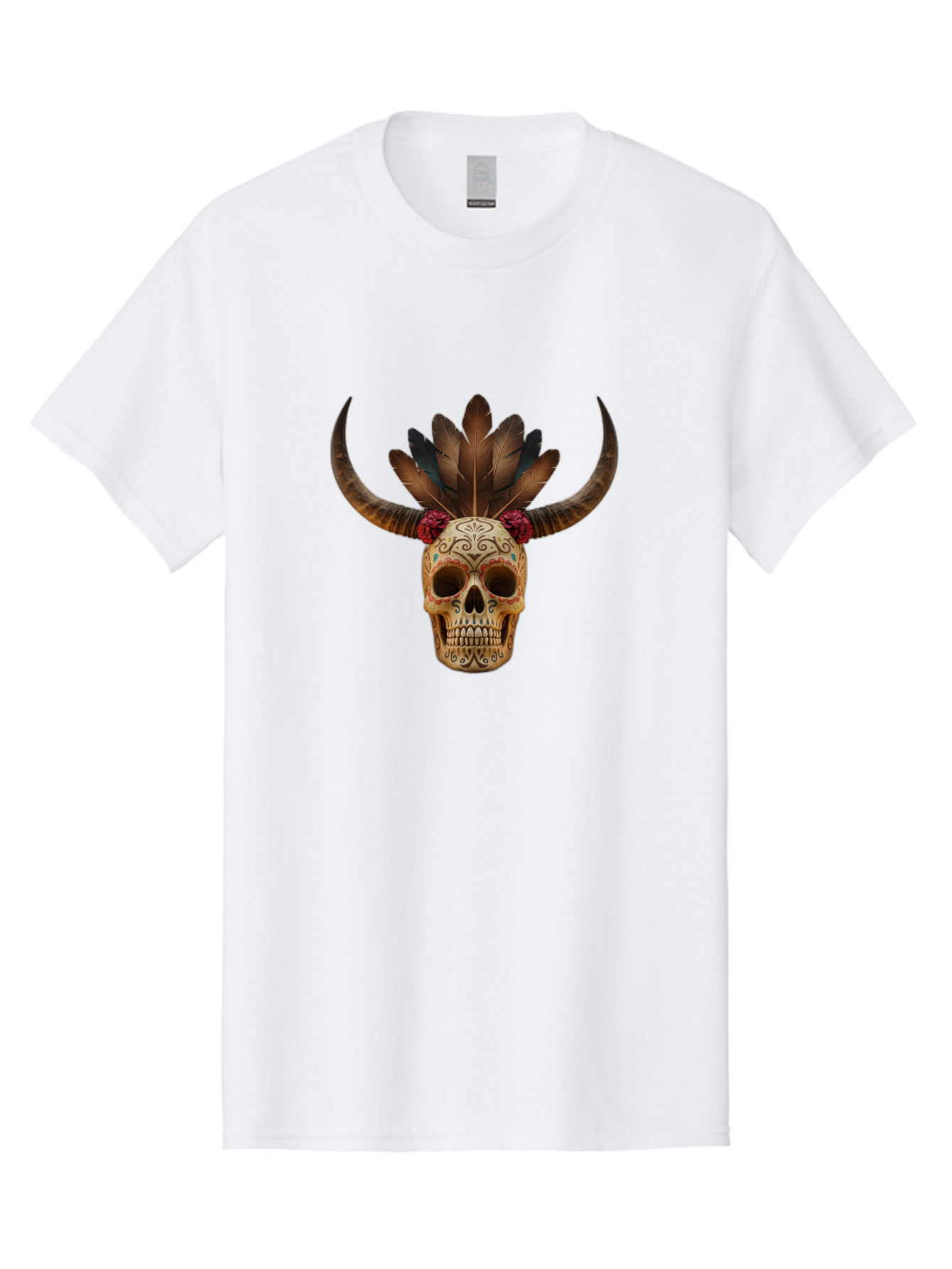 Sugar-Skull-Minotaur Men'S Graphic Tee, 100% Cotton, Comfortable Casual Summer Wear, Machine Washable, Sugar Skull, Minotaur, Bull Skull, Day Of The Dead, Dia De Los Muertos, Tribal Art, Feathered Headdress, Gothic Decor, Skull Art Bad787