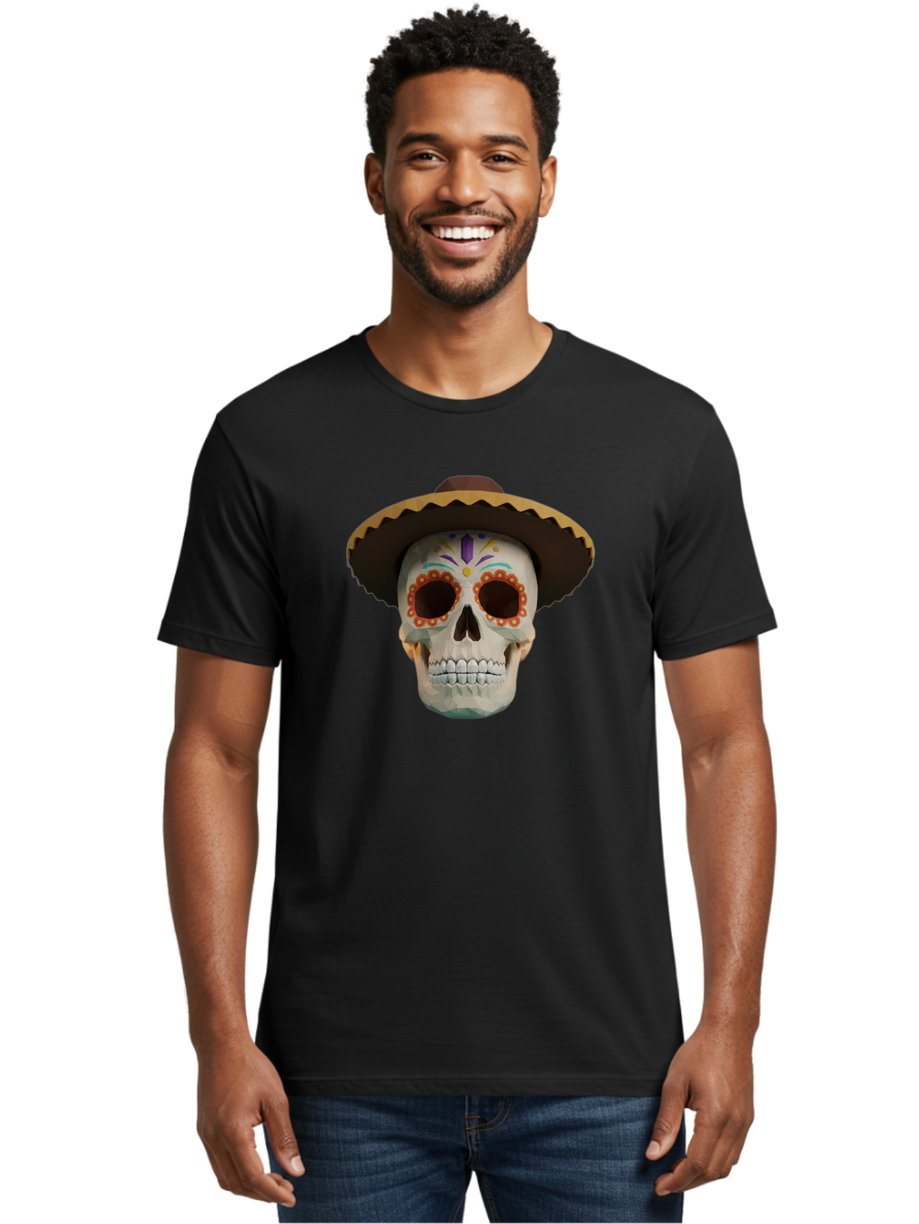 Sugar-Skull-Sombrero Men'S Graphic Tee, 100% Cotton, Comfortable Casual Summer Wear, Machine Washable, Sugar Skull, Sombrero Hat, Mexican Culture, Day Of The Dead, Colorful Designs, Vibrant Patterns, Festive Spirit, Halloween, Bad788