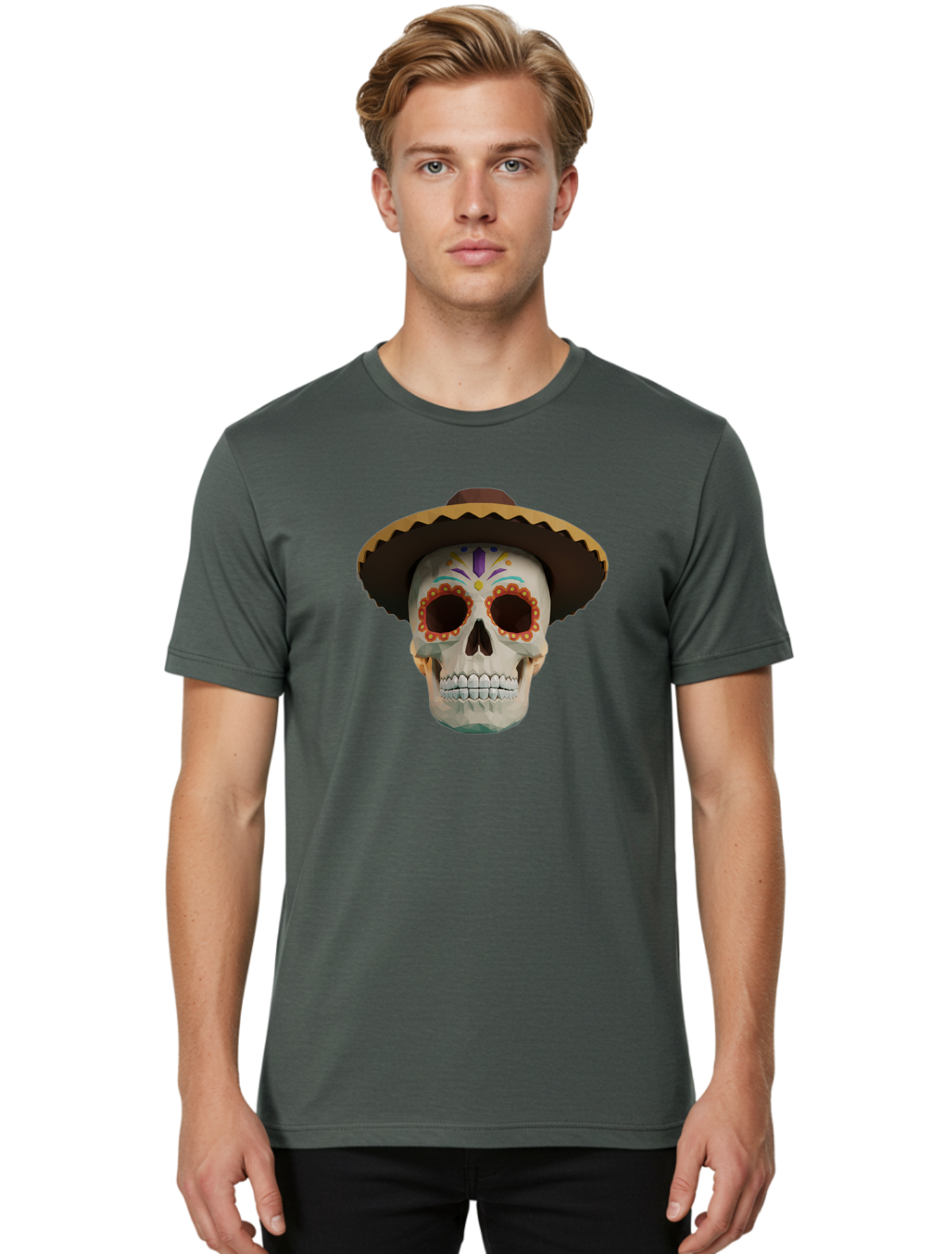 Sugar-Skull-Sombrero Men'S Graphic Tee, 100% Cotton, Comfortable Casual Summer Wear, Machine Washable, Sugar Skull, Sombrero Hat, Mexican Culture, Day Of The Dead, Colorful Designs, Vibrant Patterns, Festive Spirit, Halloween, Bad788
