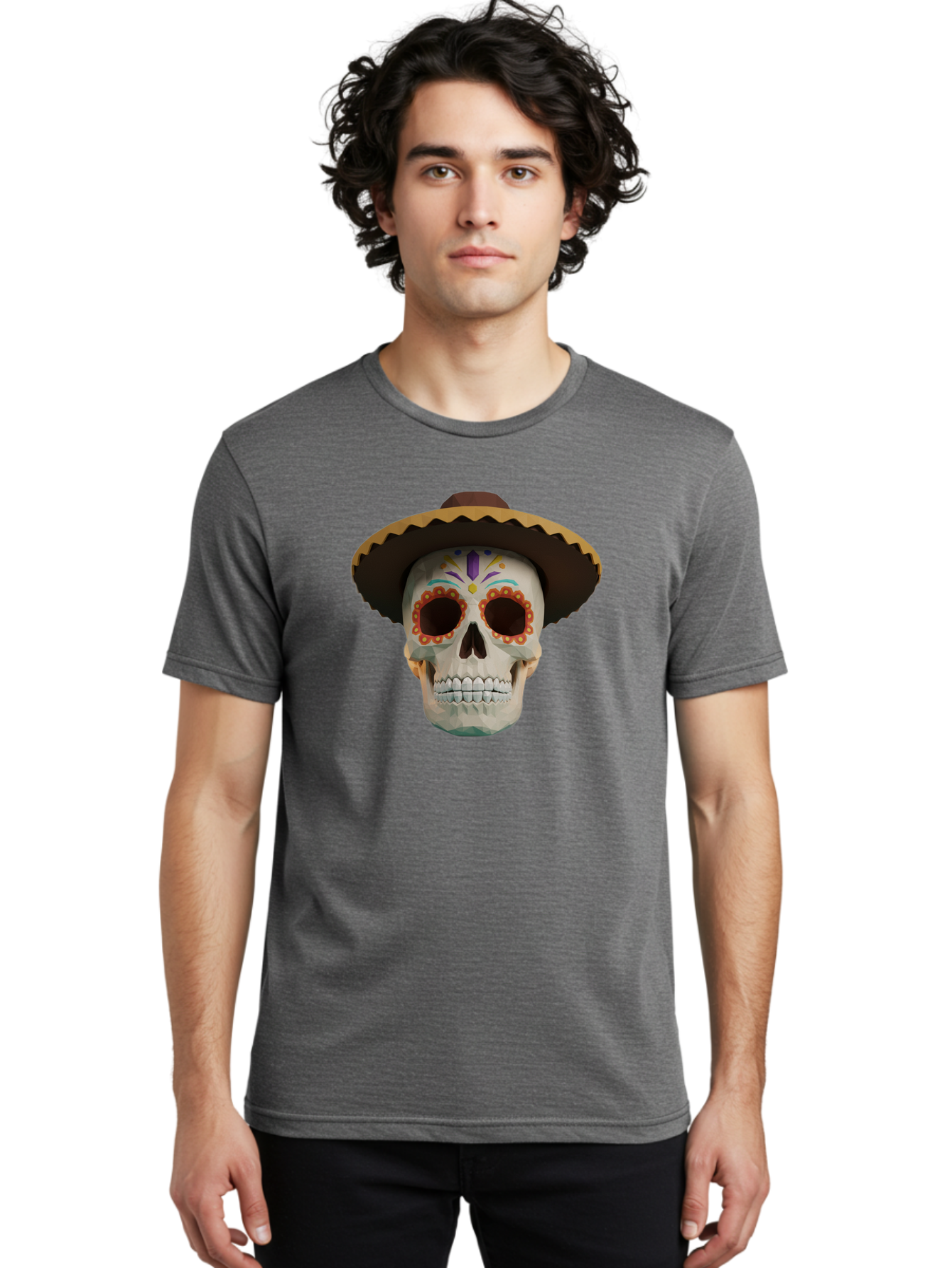 Sugar-Skull-Sombrero Men'S Graphic Tee, 100% Cotton, Comfortable Casual Summer Wear, Machine Washable, Sugar Skull, Sombrero Hat, Mexican Culture, Day Of The Dead, Colorful Designs, Vibrant Patterns, Festive Spirit, Halloween, Bad788