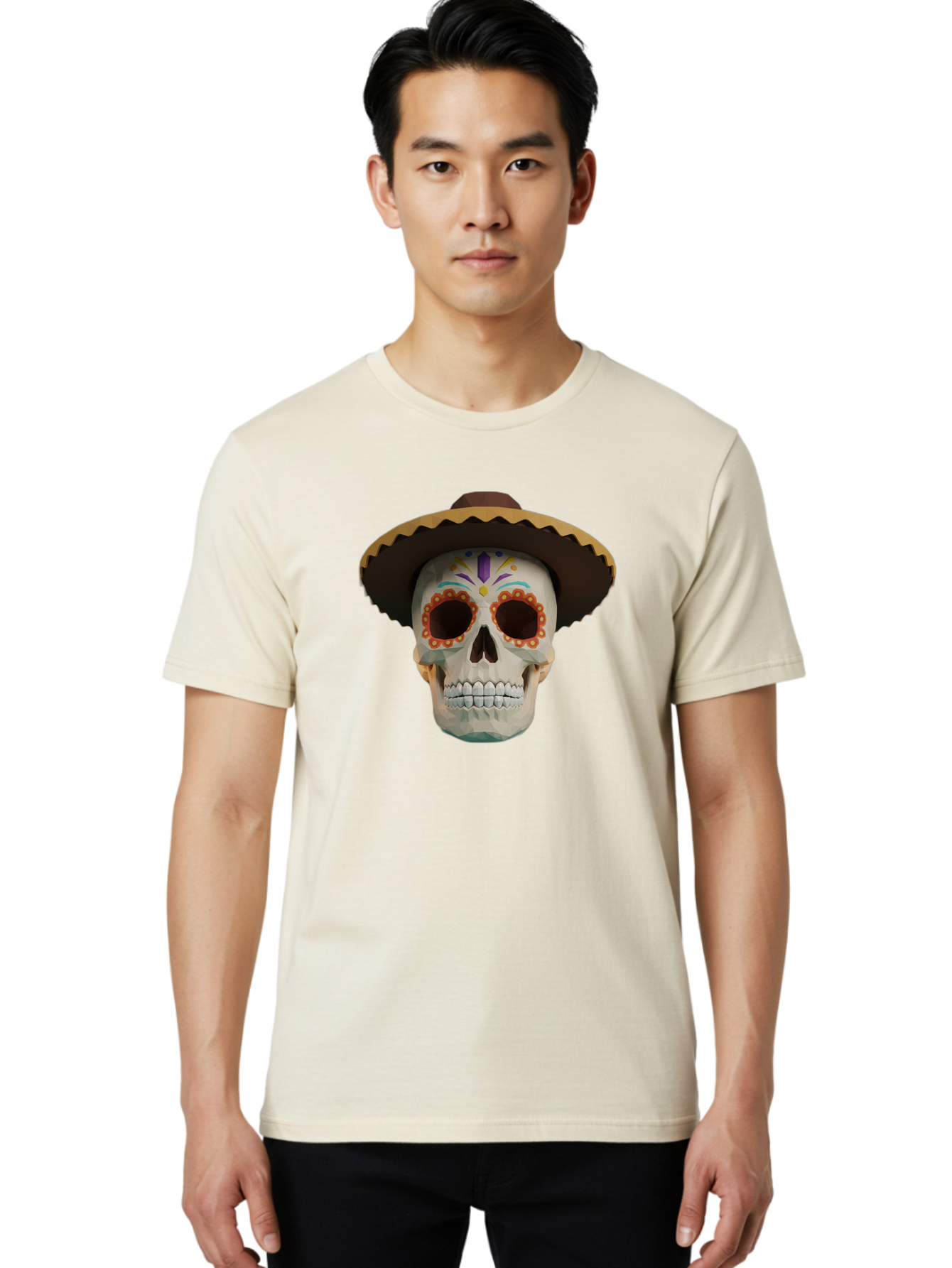 Sugar-Skull-Sombrero Men'S Graphic Tee, 100% Cotton, Comfortable Casual Summer Wear, Machine Washable, Sugar Skull, Sombrero Hat, Mexican Culture, Day Of The Dead, Colorful Designs, Vibrant Patterns, Festive Spirit, Halloween, Bad788