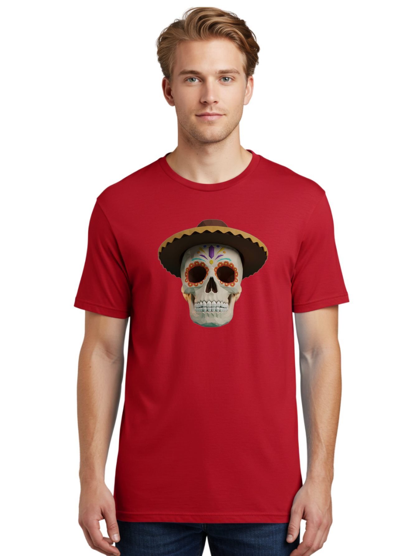 Sugar-Skull-Sombrero Men'S Graphic Tee, 100% Cotton, Comfortable Casual Summer Wear, Machine Washable, Sugar Skull, Sombrero Hat, Mexican Culture, Day Of The Dead, Colorful Designs, Vibrant Patterns, Festive Spirit, Halloween, Bad788