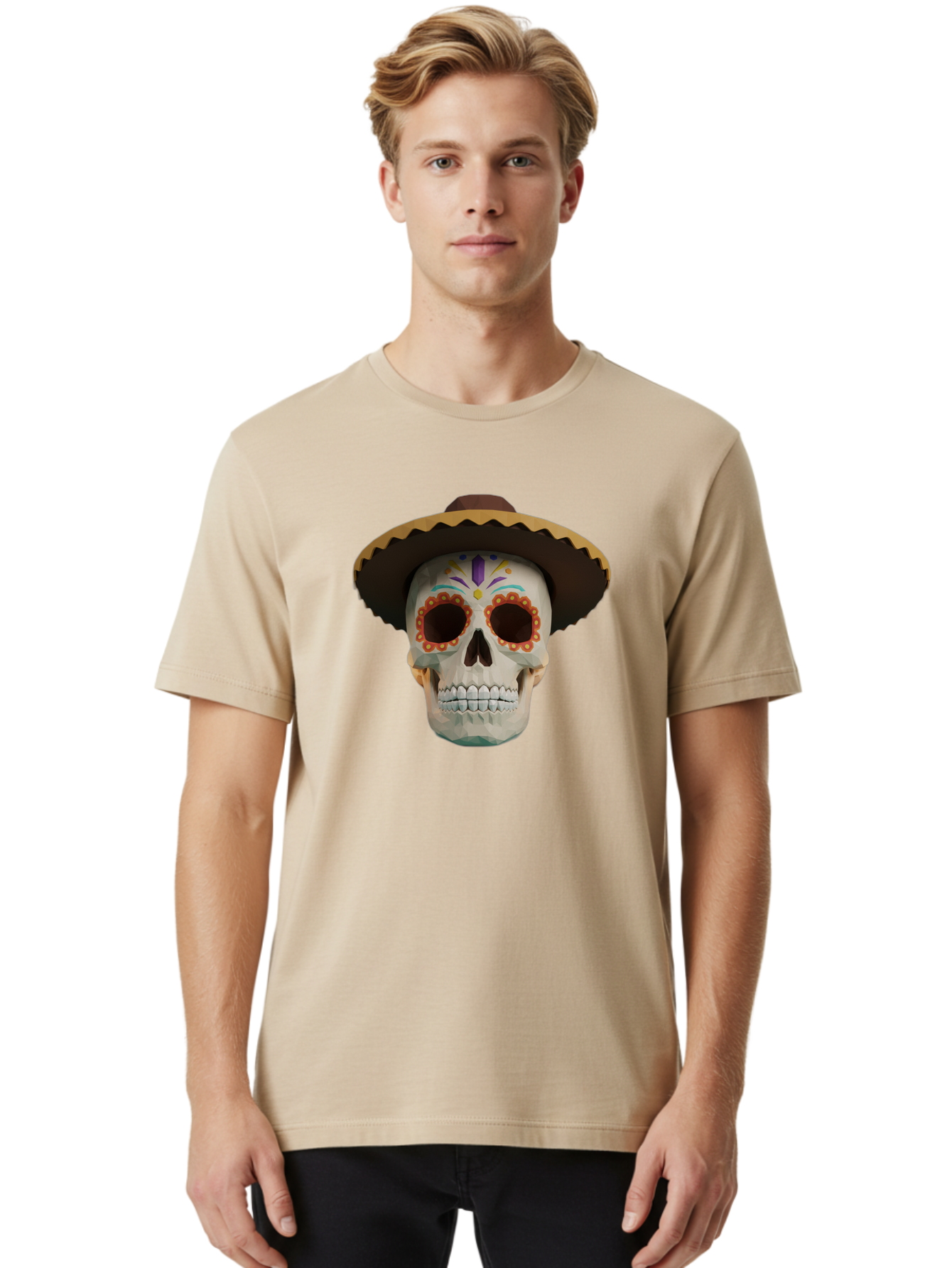 Sugar-Skull-Sombrero Men'S Graphic Tee, 100% Cotton, Comfortable Casual Summer Wear, Machine Washable, Sugar Skull, Sombrero Hat, Mexican Culture, Day Of The Dead, Colorful Designs, Vibrant Patterns, Festive Spirit, Halloween, Bad788